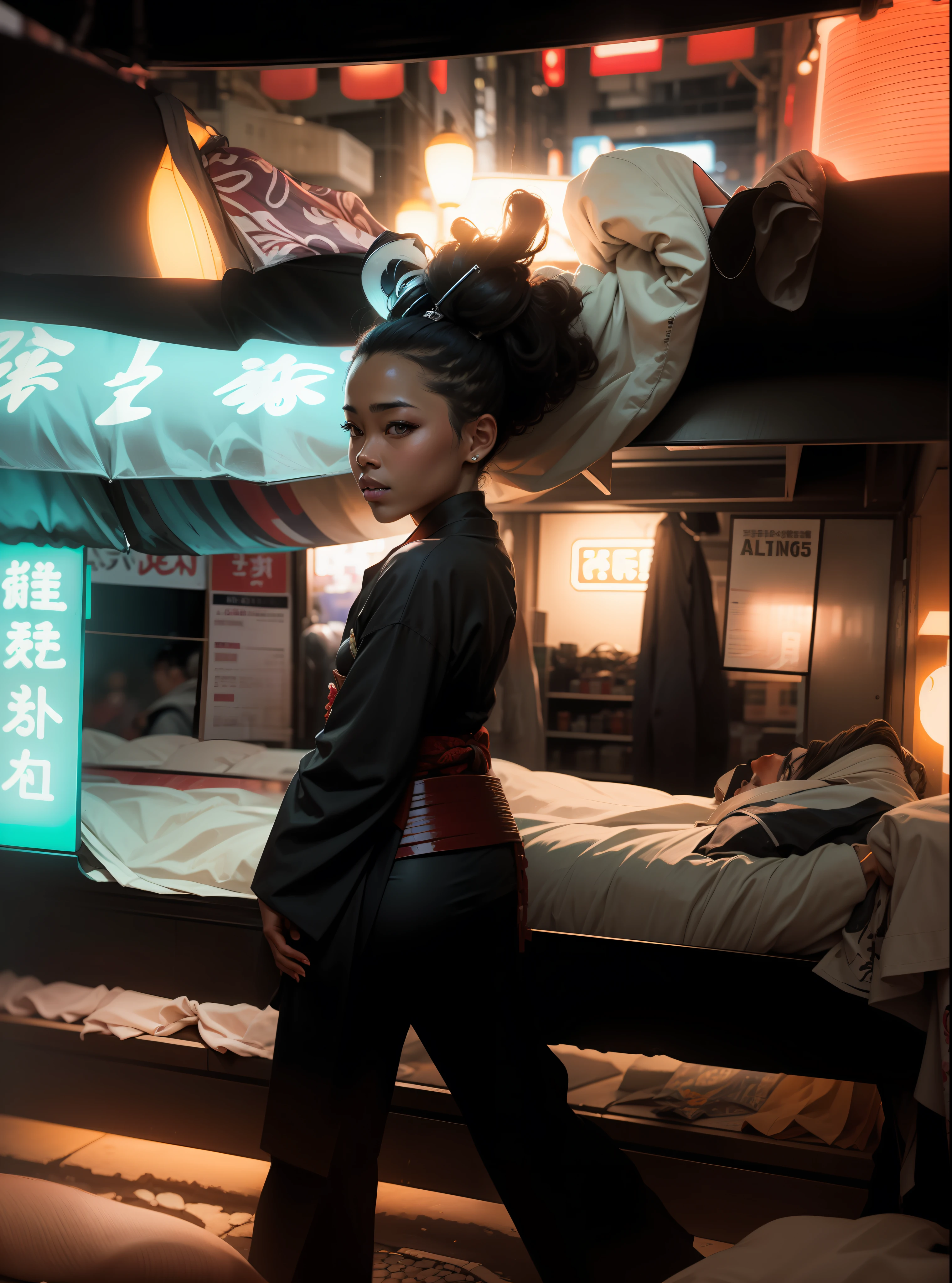 Beautiful African-American samurai girl with her hair pulled back and back dressed in black olgado kimono on the streets of Tokyo at night surrounded by neon signs