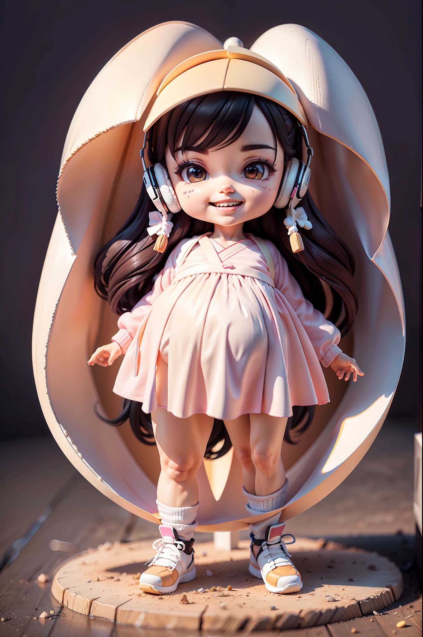 (Daisaku),(Need),(Super meticulous),(full bodyesbian:1.2),(soio),White theme,Loli Magician,adolable,Open-mouthed,grin,Earphone,Pregnant loli，pregnant women with，Popmart blind box,Clay texture,Treading on the ground,Black and white background,natural  lightting,Best quality at best,Hyper-detailing,arte 3D,C4D, OC renderer, a 3D render, 8k wait to start