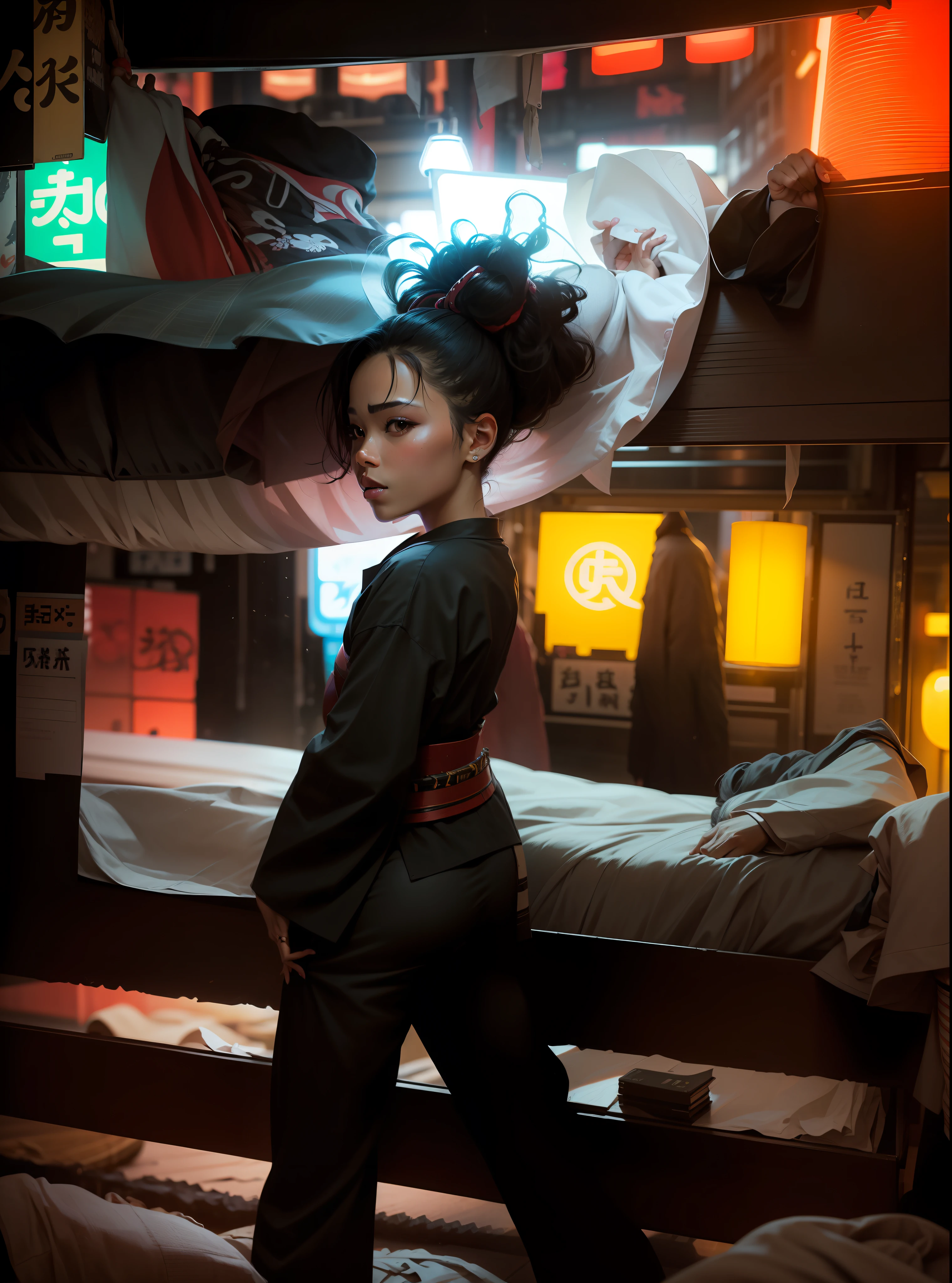 Beautiful African-American samurai girl with her hair pulled back and back dressed in black olgado kimono on the streets of Tokyo at night surrounded by neon signs