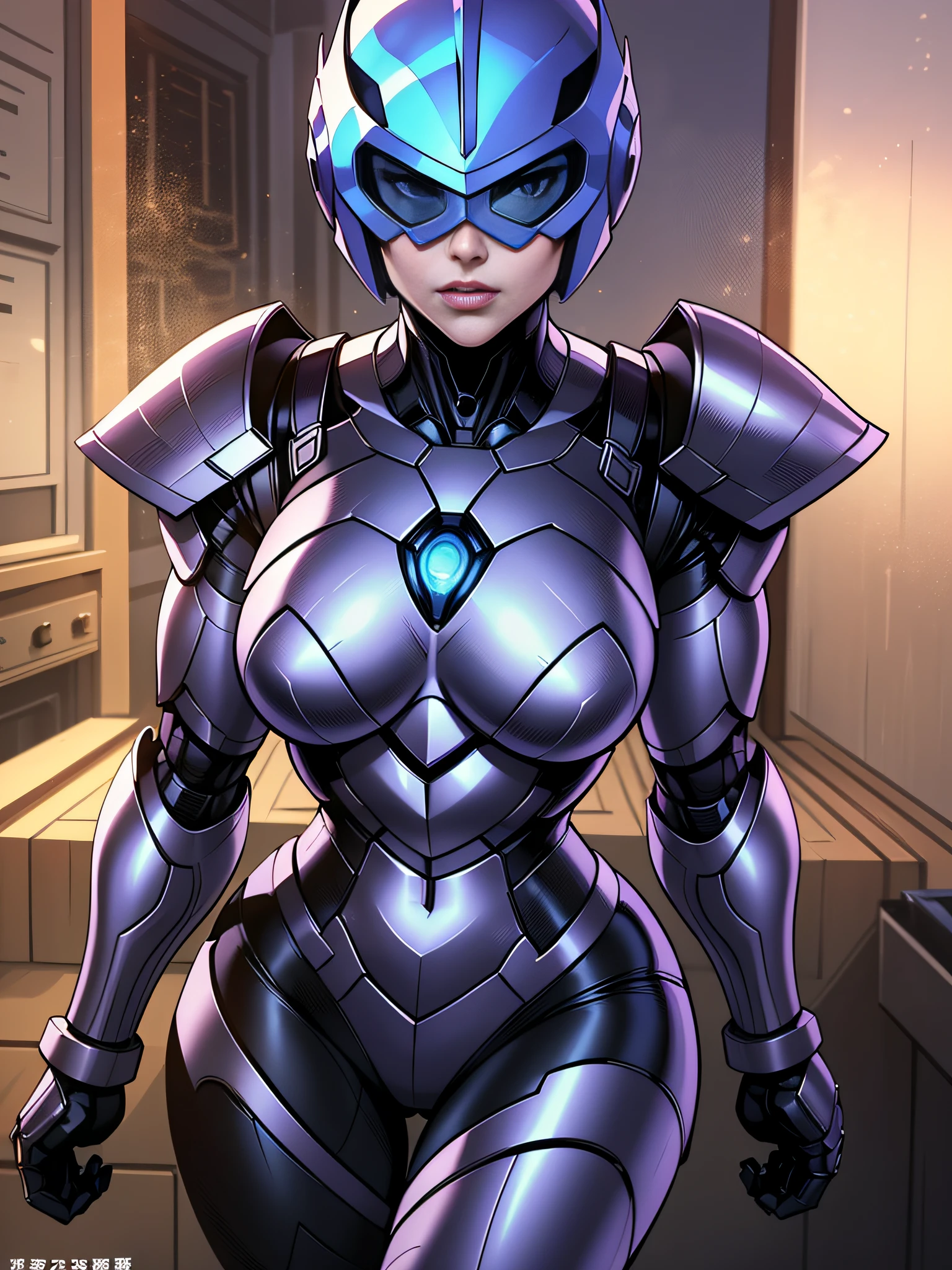 Chest Amer Women Robocop Cover Chest、Armor that completely covers the whole body、very large chest-shaped chest armor,,、Vibrant poses、Helmet to hide your eyes、Rainbow armor、Armor that completely covers the chest、Slender and long legs、full-body view