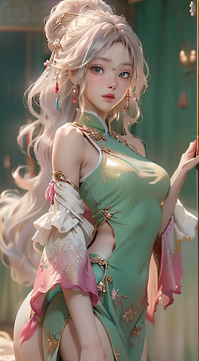 Image of a woman in a belly dance costume, there is a girl in a green dress, plum blossoms, palaces, oriental architecture ray tracing, {best quality}, {masterpiece}}, extremely detailed 8K wallpaper, {an extremely delicate and beautiful}, colorful, intricate details, realism, realism, camera quality, (meticulously portrayed clothes), cold white skin, (meticulously portrayed blush), 1080p, sun, soft cute, smooth light silver hair, messy beauty, lighting, brokenness, shiny and silky skin, 3D stereoscopic, masterpiece, best quality, illustration super fine, beautiful eyes, very delicate light, fine luminescence, very fine 8K CG wallpaper, peach blossom eyes, red pupils, an extremely delicate beautiful girl, 8k wallpaper, best quality, full body close-up, white long dress, luxurious silky bright red chiffon flood (illusion, glitter, ultra-thin, soft,) Hanfu