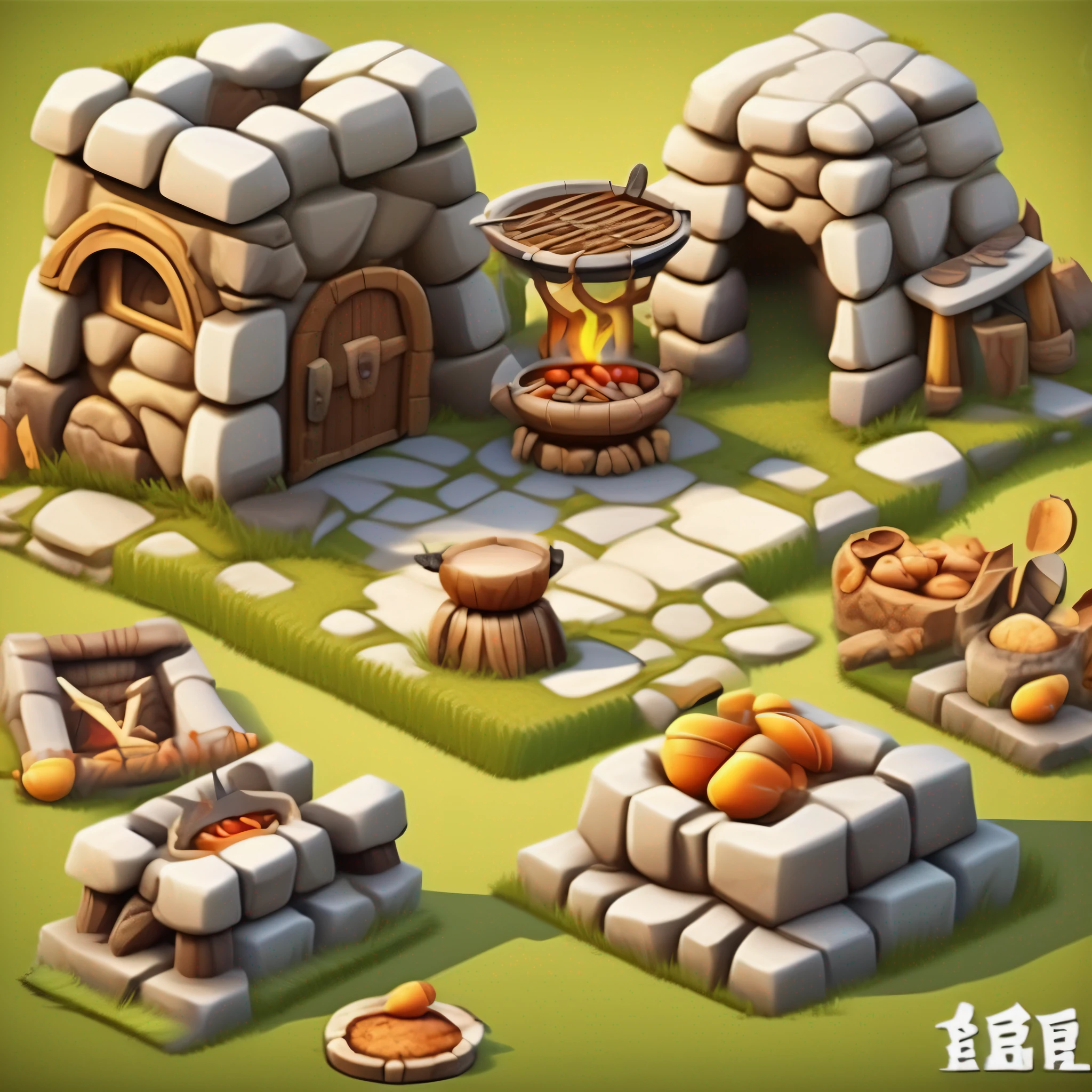 （European and American Q version cartoon architecture，Primitive tribal architectural design，Grill for rotisserie），cartoonish style， Game architectural design，（roast，Large chicken drumsticks，wood， Stone bricks），（3D model rendering、Primitive barbarian style），white backgrounid，Stone Age，Primordial period，clash of clans style，Cartoon model rendering，low poly， best detail， tmasterpiece， best qualtiy， toon rendering， 8K