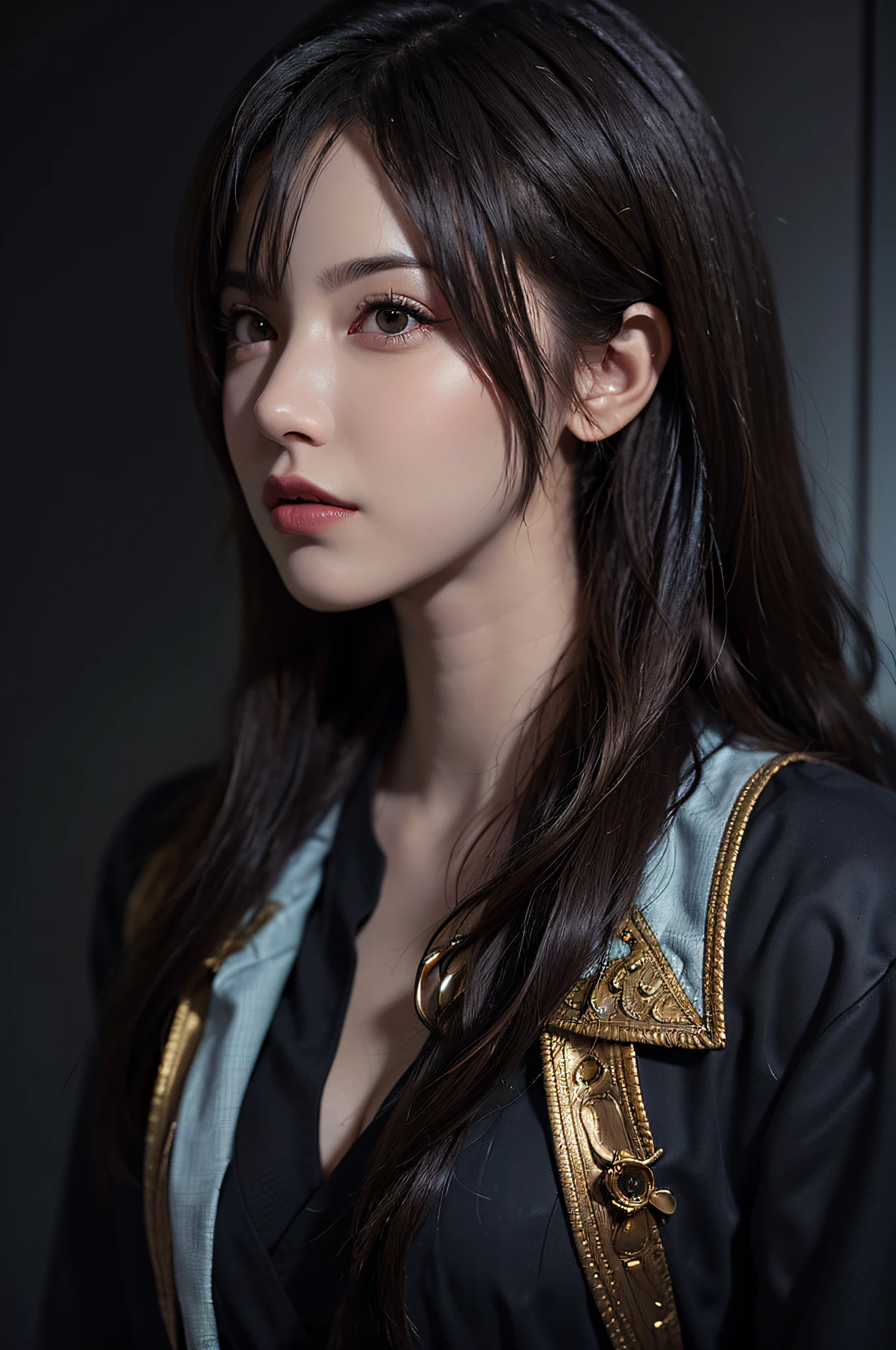Hyperrealist portrait of female by david hockney and alphonse mucha,fantasy art, photo realistic, dynamic lighting, artstation, poster, volumetric lighting, very detailed faces, 4 k, award winning,, 1girl, in the dark, deep shadow, low key,cowboy shot,(official clothing:1.4) ,long hair,white hair,