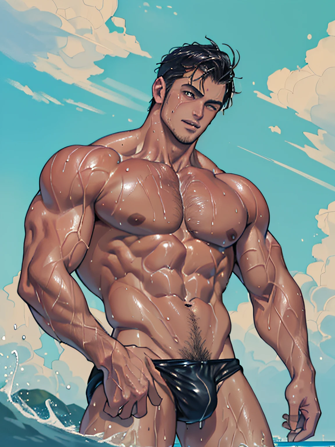 (Top quality, 8K, 32K, Masterpiece, NSFW, hyper HD: 1.2))), muscle men (Free!sezy_Swimsuit men, Swimming goggles, Naked upper and lower body, Abs, Sweat, Wet, potruding nipple, nasty lips, anime coloring, Happy face, Naked, Abs, (erection 1.2), Emphasis, (mokkori: 1.4), (((manly chest plate)), Sweaty, (he is wet, Wet 1.2),, (angle of view, View from below: 1.2), (with no underpants, Wet, beautiful nipple slips: 1.4))