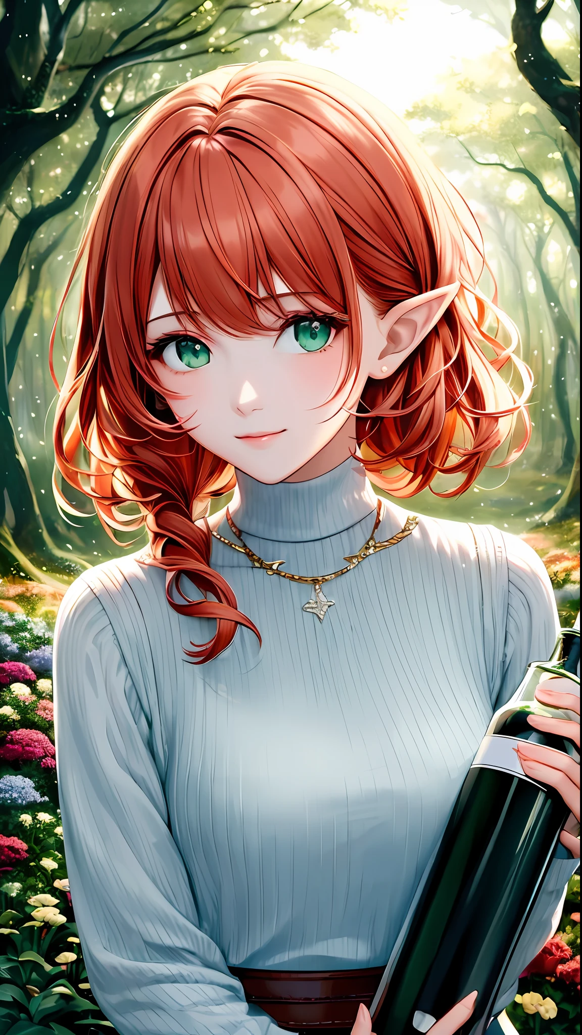 Masterpiece, best quality, 1girl, solo, orange hair, green eyes, close-up, pointy ears, green turtleneck sweater, in a forest, trees, flowers, holding a white bottle of isopropanol, detailed background, depth of field, rimlighting, specular highlights, bloom, atmospheric lighting, (colorful, vivid, sunlight, warm lighting:1.2)