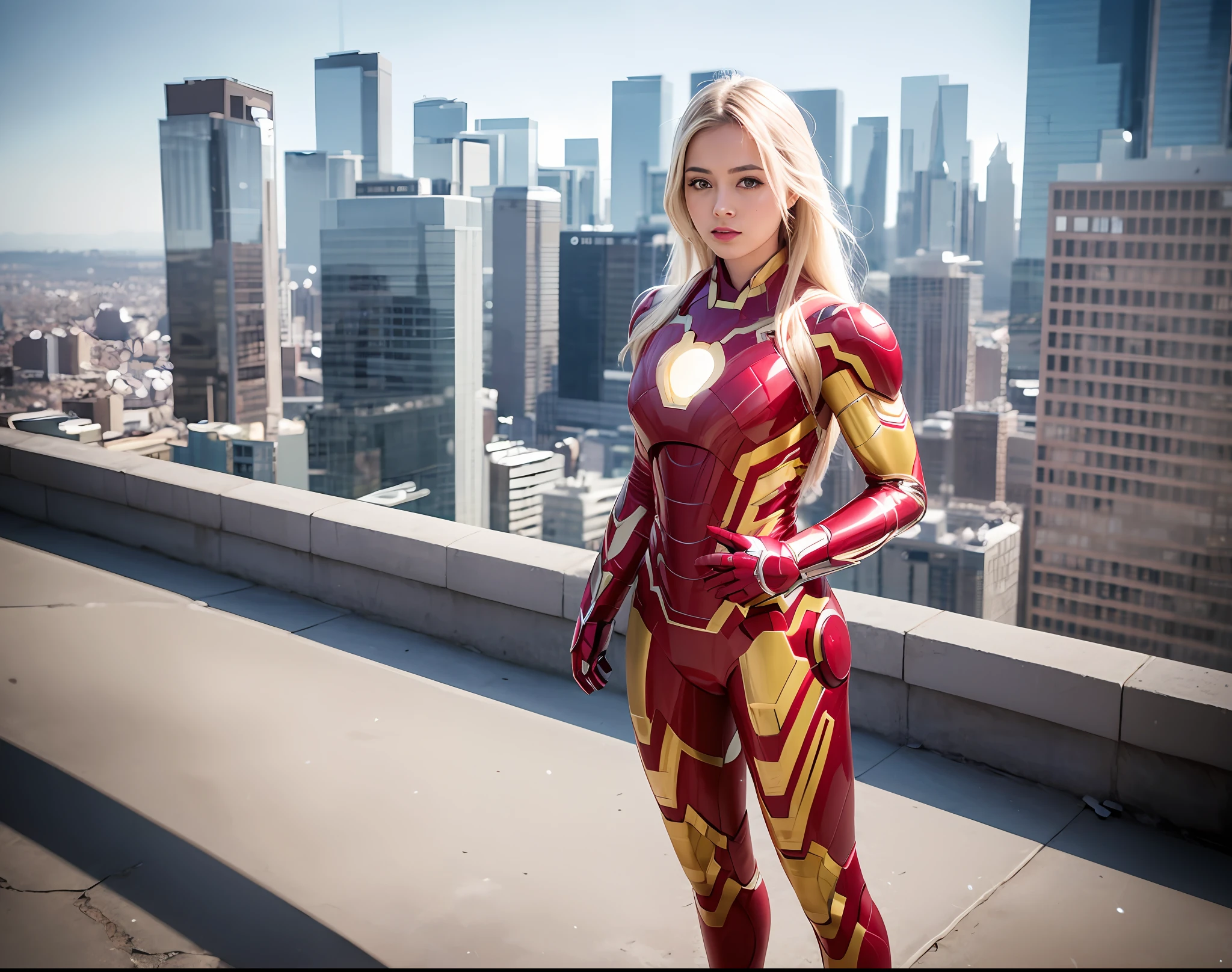 4k, realistic, carismatic, very detail, there is a girl on top city, wearing iron man costum, she is a iron man, white super hero theme, white long hair, 25 years old, full body