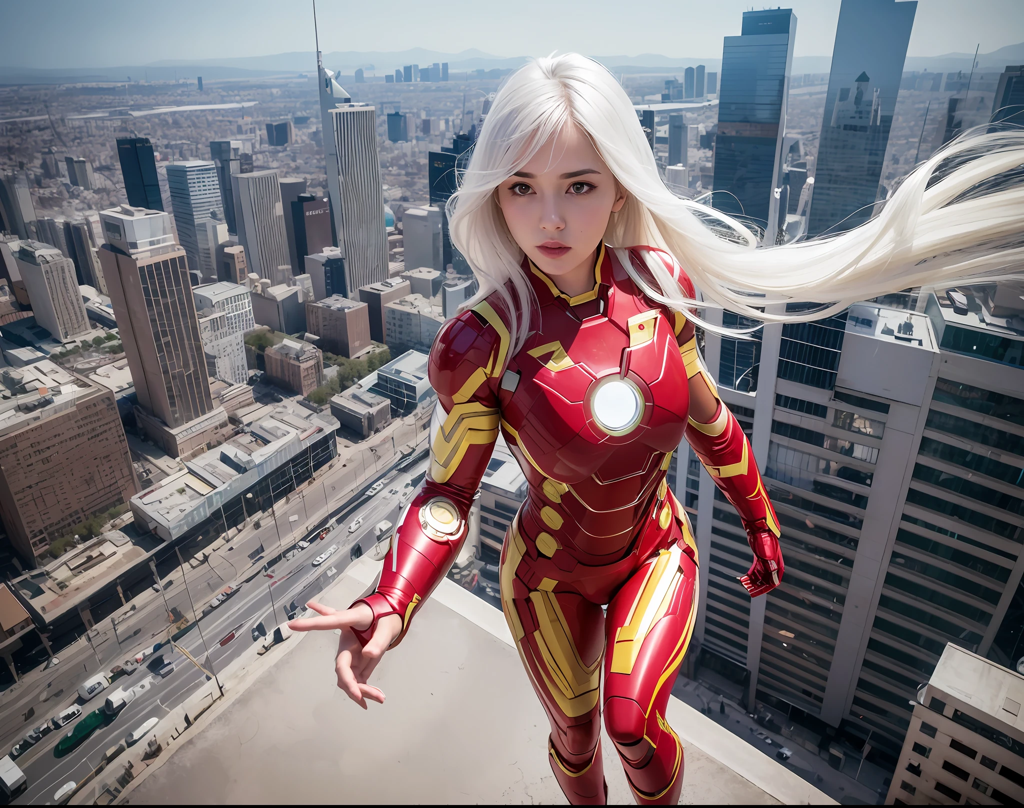 4k, realistic, carismatic, very detail, there is a girl on top city, wearing iron man costum, she is a iron man, white super hero theme, white long hair, 25 years old, full body