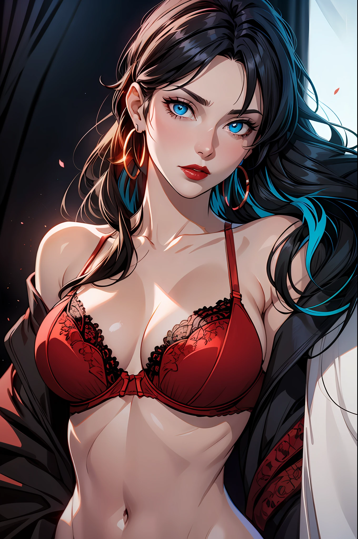 Mature woman, black curtain bang hairstyle, red lace bra, glossy dark red lips, blue eyes, hoop earrings,
dynamic lighting, two tone lighting, high contrast