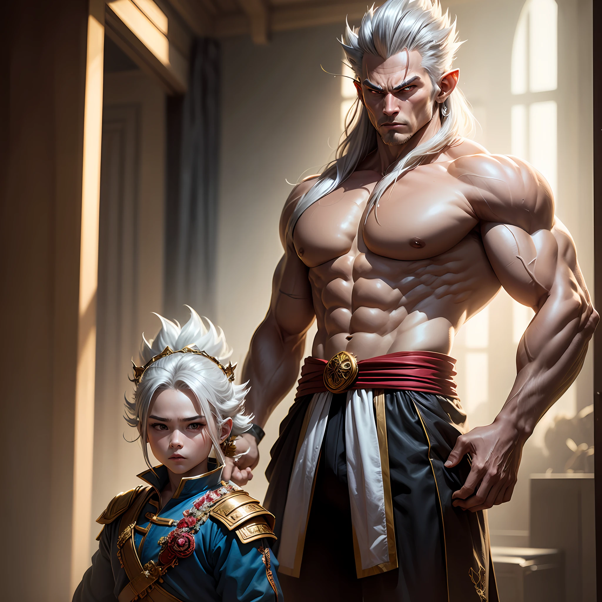 Monkey King real person，SuperSaiyan，Silvery hair，exquisite detailing，Photo level，frontage，Muscles soar --auto