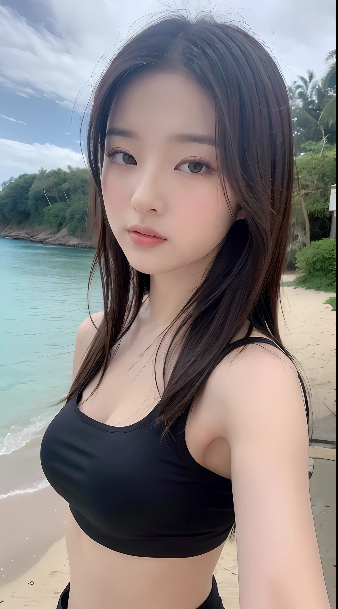 ((Best quality, 8K, Masterpiece :1.3)), Sharp focus :1.2, perfect figure beautiful woman:1.4, Slim abs:1.2, ((Layered Hair Style, 1.2)), (Tank top shirt:1.1 ), (beachside:1.2), Highly detailed facial and skin texture, A detailed eye, 二重まぶた