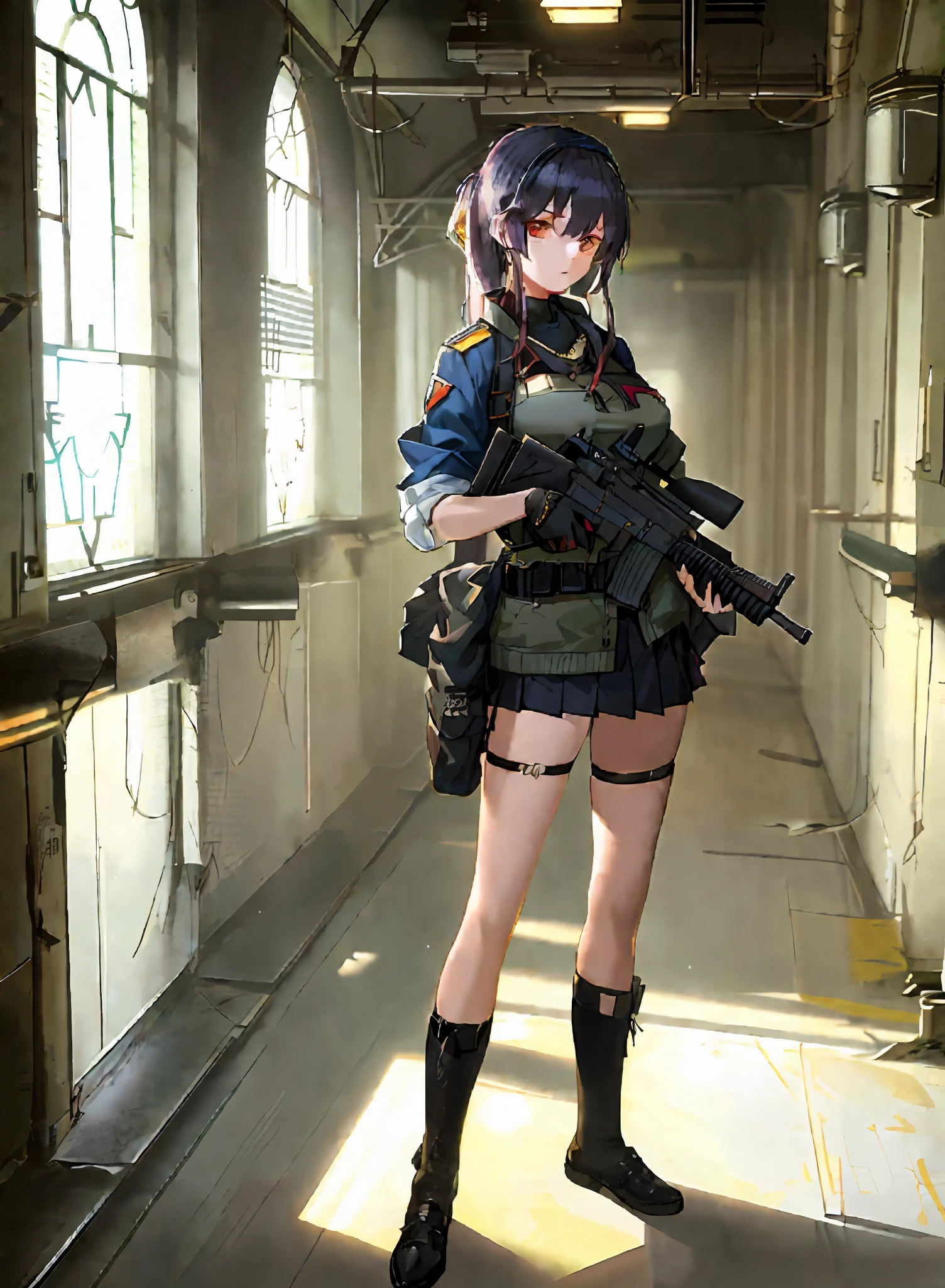Anime girl with lighter in the hallway, Girl Front, lightly dressed girl, from girls frontline, girl in black panties, girls frontline style, Gvarz at the Art Station Pisif, Fine details. Girl Front