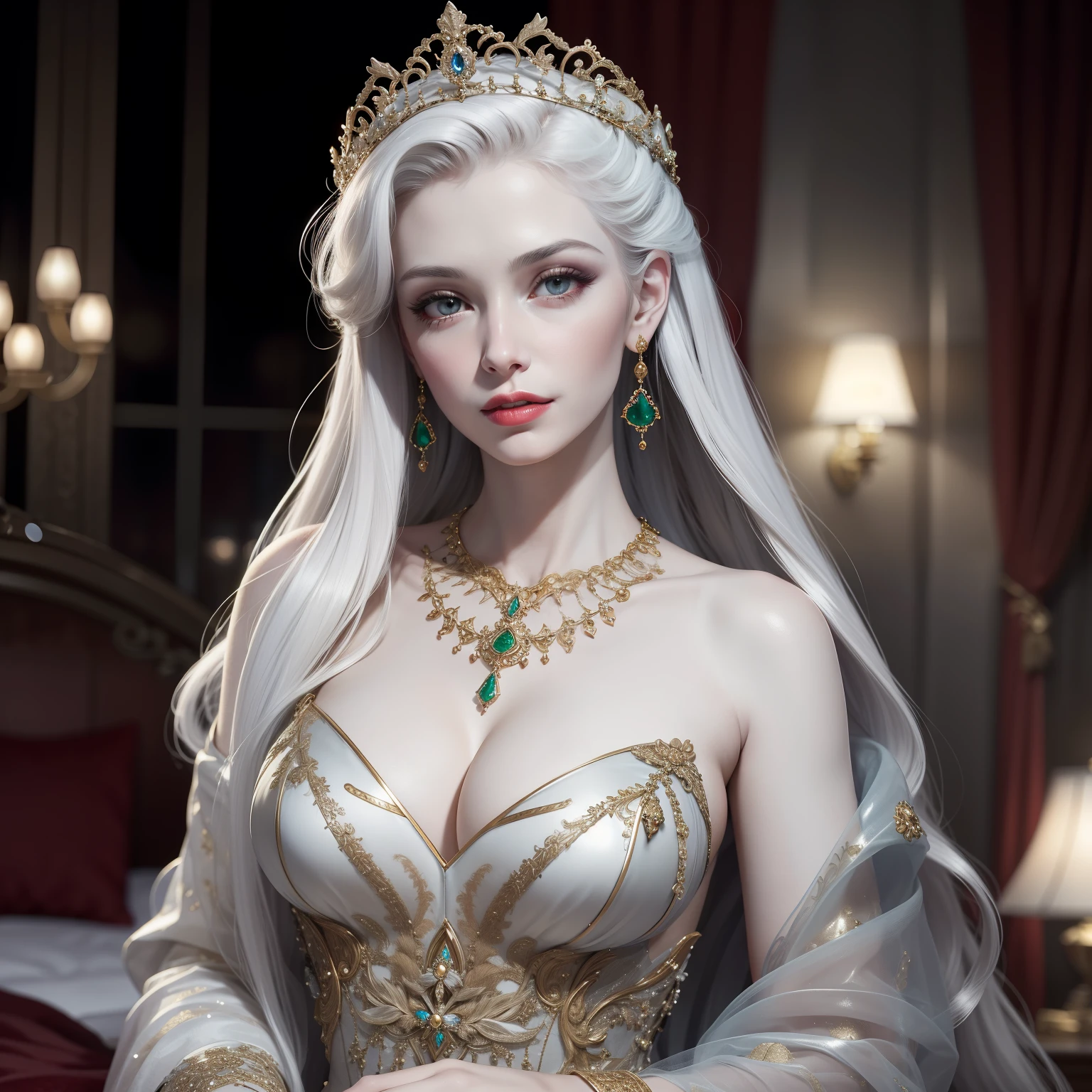 (4k, best quality, highres:1.1), (realistic, photo-realistic:1.1), 1girl, beautiful face, (pale skin, extremely fine complexion:1.5), parted lips, nose, detailed eyes, eyelashes, (dress, evening gown), rounded eyebrow, breasts out, upper body, red lips, large breasts, (looking at viewer:1.5),  Buckingham Palace, indoors, bokeh, bed, luxury, gorgeous, queen, flawless, famous artwork, cinematic lighting, [narrow waist] , royal, divine, goddess,  fantasy, dreamlike,  prestige, luxury, jewelry, diamond, gold, pearl, gem, sapphire, ruby, emerald, sexy, charming, alluring, seductive, erotic, enchanting, necklace, earrings,