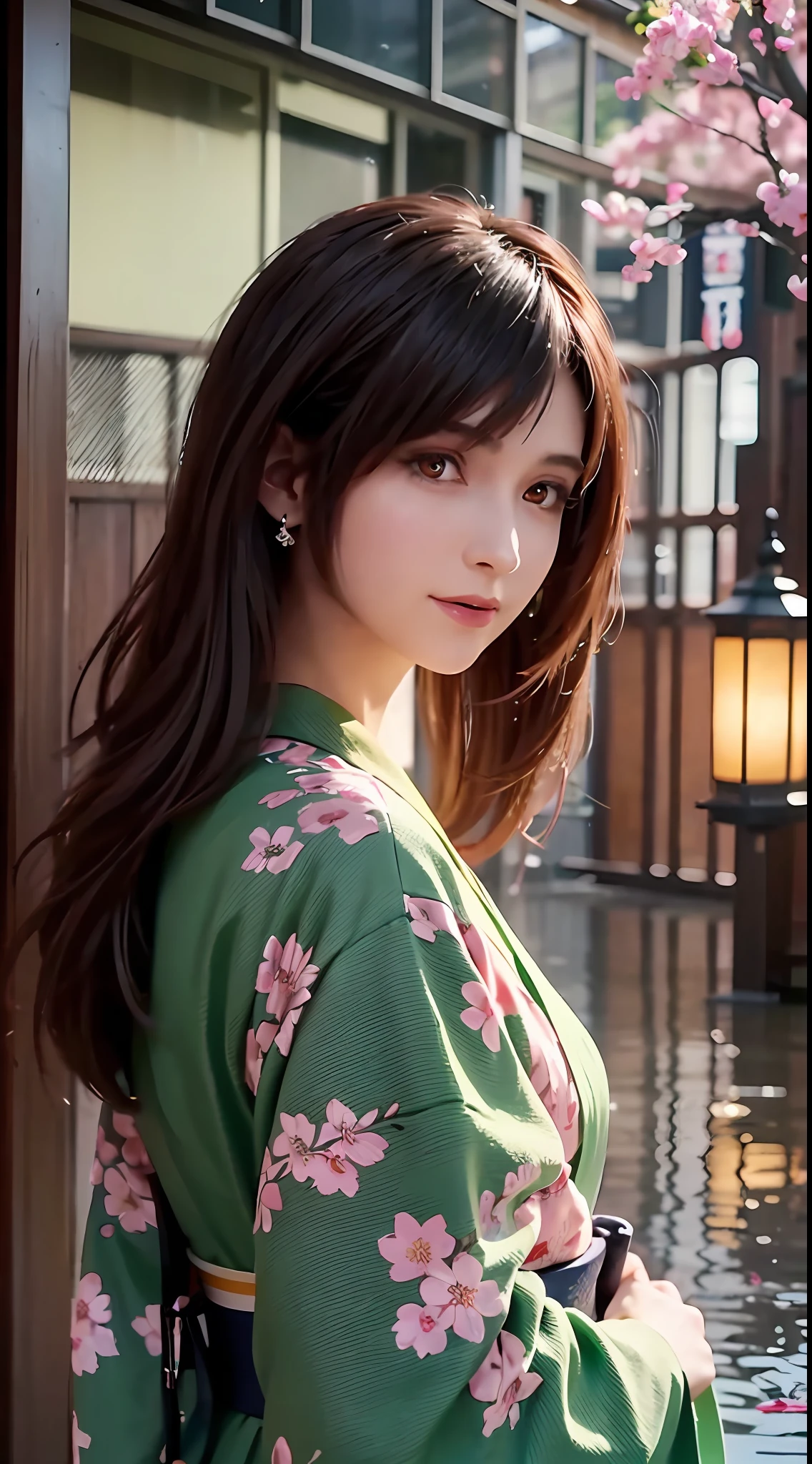 (Masterpiece, high resolution, illustration:1.3),half-body photo， Charming girl, closeup of face，(Flowing russet hair:1.2), Emerald green eyes, (Traditional samurai costume:1.1), Sakura themed kimono, , Old stone paved streets, Tokyo in cherry blossom season, (Petals flutter in the rain:1.2), misterious ambience, (illuminated lanterns:1.1), Comfortable storefront, Traditional wooden house, (Tranquil water reflection:1.2), pensive expression, tranquil ambiance, Gentle raindrops, Diagonal composition, Top-down perspective, Fantastic color scheme, Poetic storytelling.