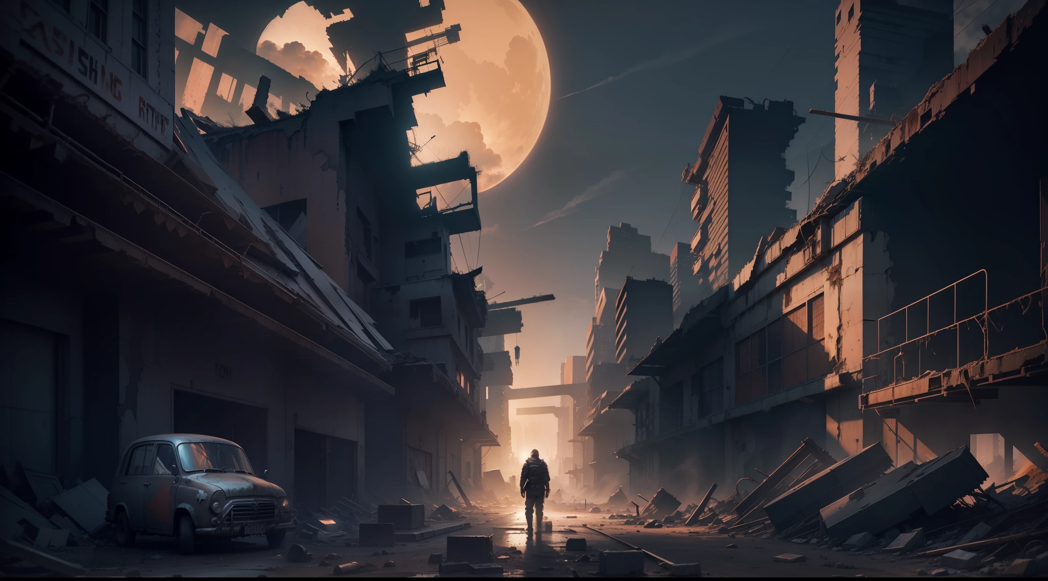 After the apocalypse, city ruins, Cinematic lighting, Ray tracing, reflective light, Ultra-wide angle, Chiaroscuro, futurism, Masterpiece, High details, High quality, Best quality, 8K