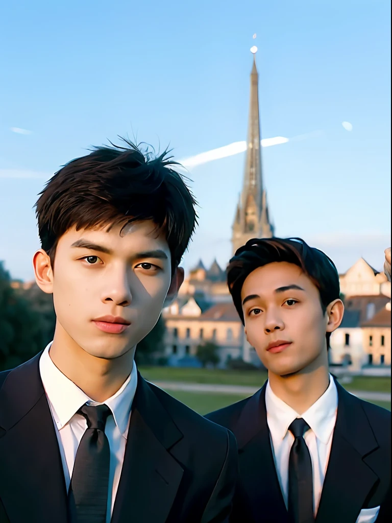 best qualtiy, (realisticlying:1.4), tmasterpiece, Kodak Portra 400, schools,(Face focus:1.3),1boys ,white skinned, Blue and white school uniform,posing on a, looking at viewert , sface focus