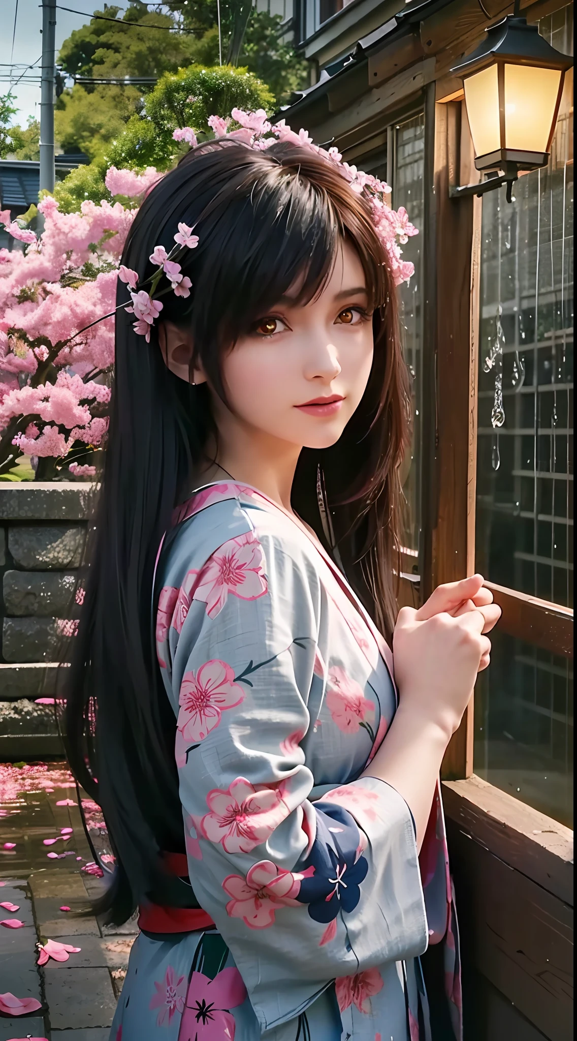(Masterpiece, high resolution, illustration:1.3),half-body photo, Charming schoolgirl, closeup of face,(Flowing russet hair:1.2), Emerald green eyes, (Traditional samurai costume:1.1), Sakura themed kimono, , Old stone paved streets, Tokyo in cherry blossom season, (Petals flutter in the rain:1.2), misterious ambience, (illuminated lanterns:1.1), Comfortable storefront, Traditional wooden house, (Tranquil water reflection:1.2), pensive expression, tranquil ambiance, Gentle raindrops, Diagonal composition, Top-down perspective, Fantastic color scheme, Poetic storytelling.