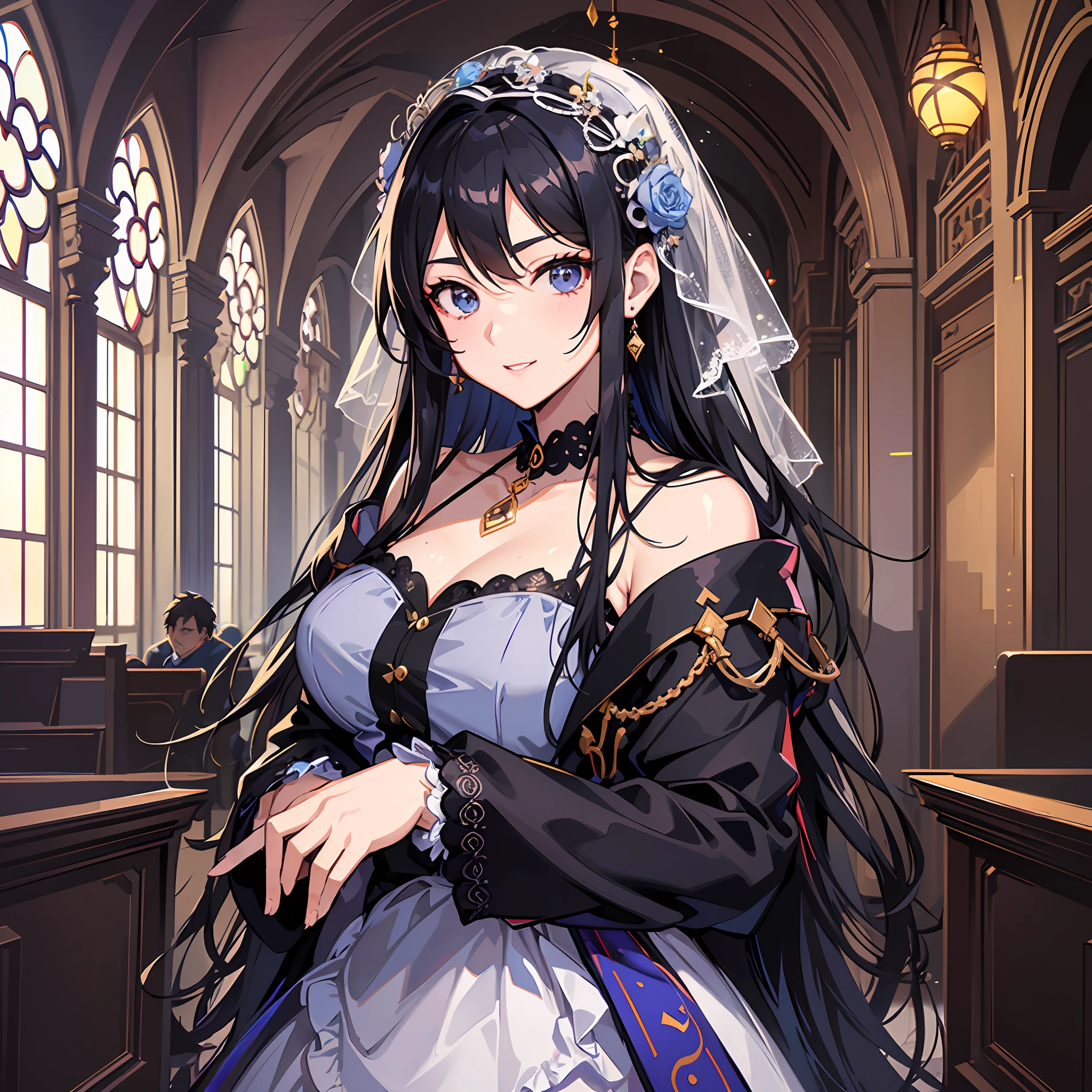 A middle-aged man with scumbags in a suit and a middle-aged woman with long black hair in a wedding dress,Anime handsome man,Anime portrait of a handsome man,inspirado em Okumura Masanobu,standing in a church,looking at viewert,ssmile,Ultra-detailed CG,Exquisite facial features,Clear facial expressions,Detailed digital anime art,Digital anime art,High quality anime art style