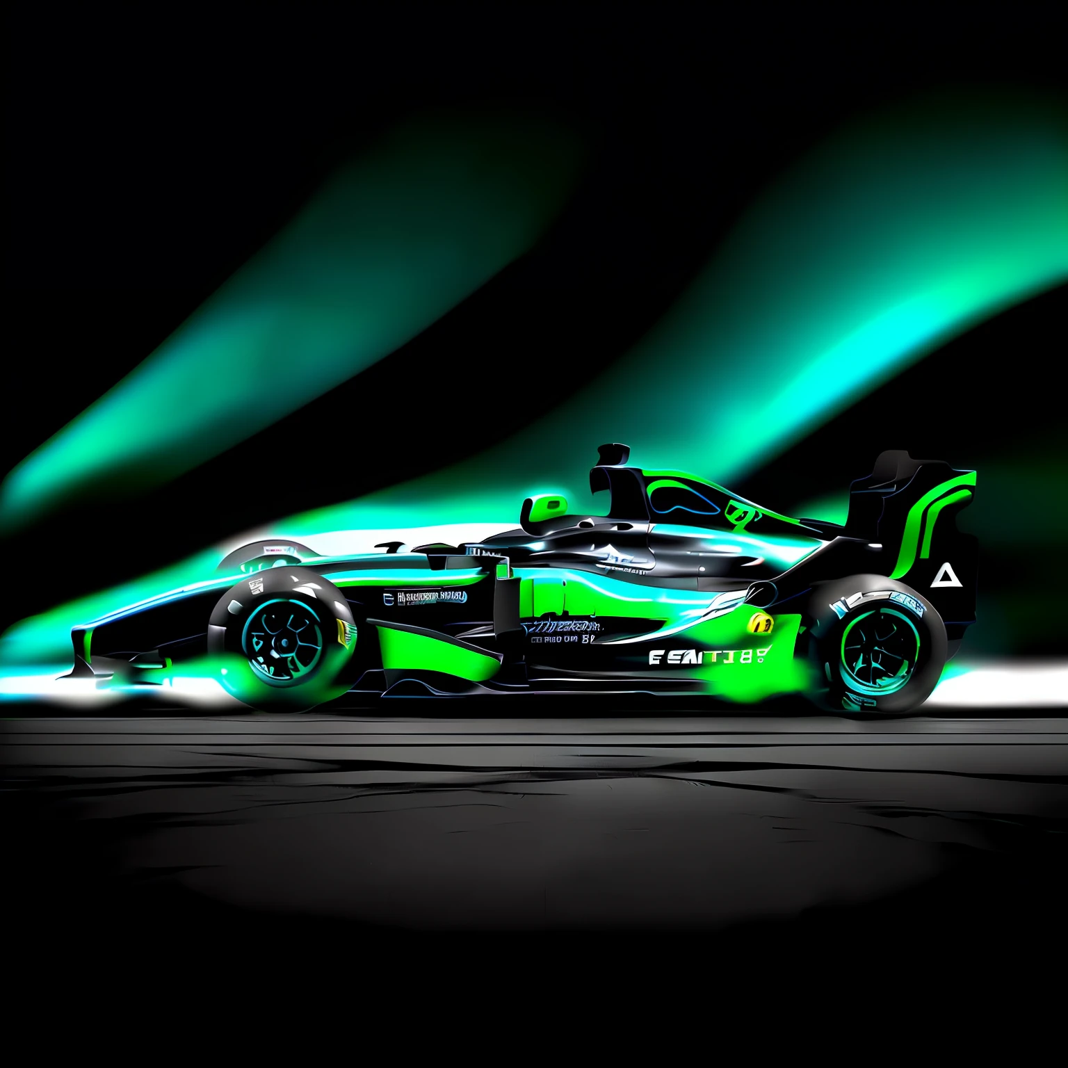 Close-up of a racing car with a green light on, racer, black and cyan color scheme, formula one car, racer, f 1/4, The God of Darkness sits on Tron, Black and teal paper, f 1/3, Alien racer, F11:6, black octane render, jet - black skin, thrones
