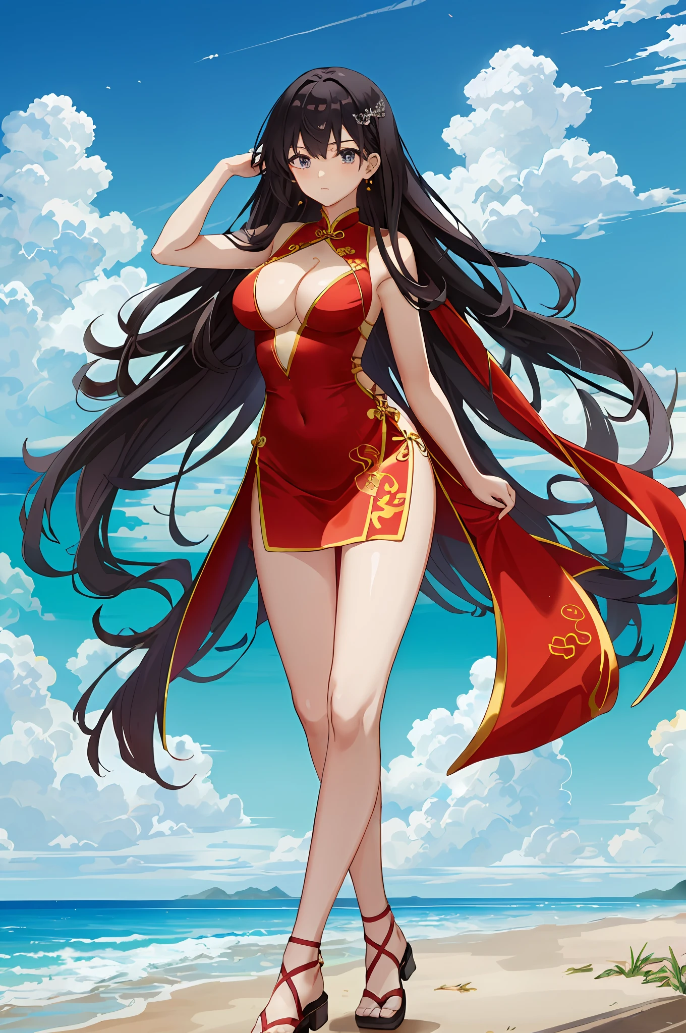 Anime shoujo,Anime goddess,Pure red cheongsam,brunette color hair,Stand up,full bodyesbian,Photos from head to toe.The upper part of the body,cropped shoulders,blackpupil,on cheongsam,By bangs,Bigchest,(plumw),Slim,Big breasts Thin waist.lowerbody,on cheongsam,long leges ,show legs,Wide hips,fat hips.Plain arms and legs.Background with,Chinese style buildings.