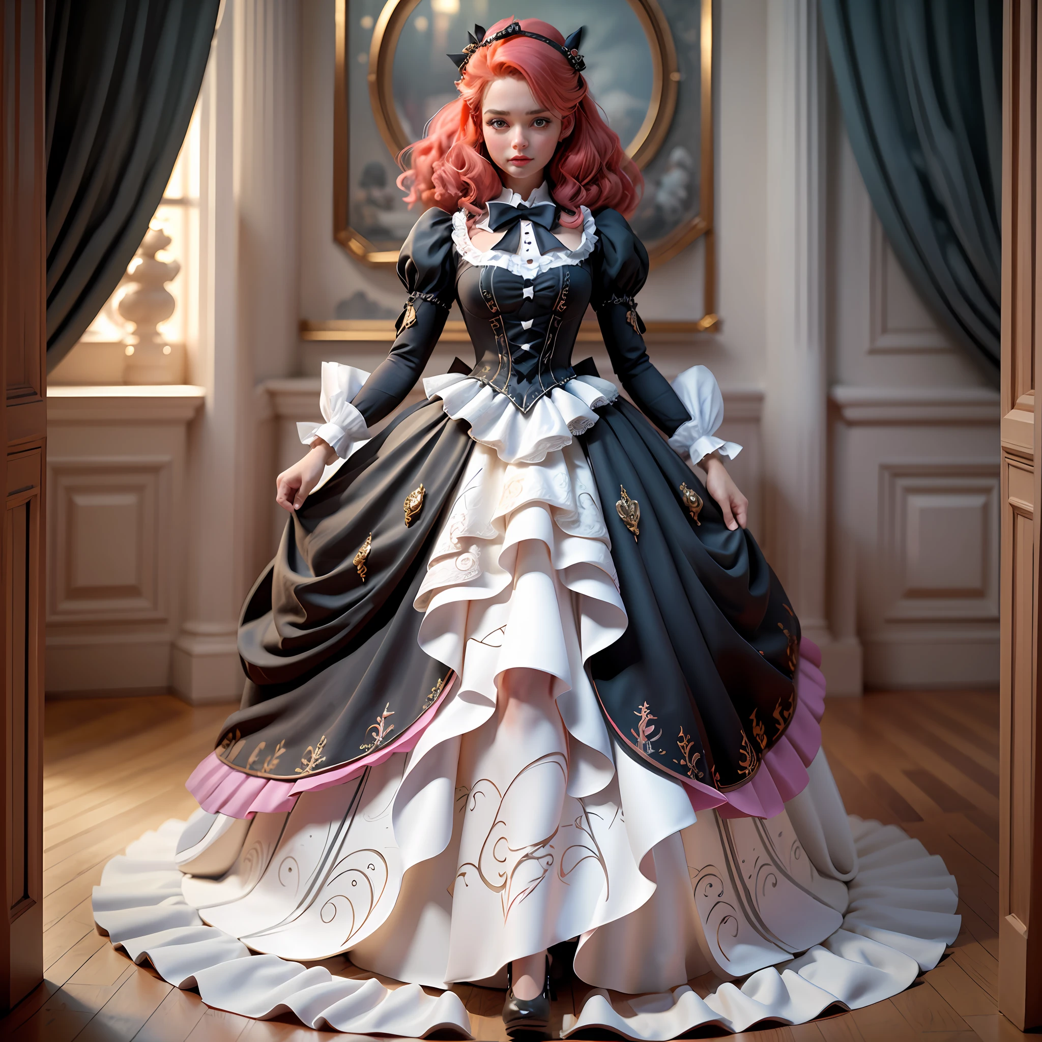 best quality, masterpiece, best definition, artwork, super detailed, many details, details, detailed, woman, 20 years, full body, full body, ball gown, super detailed dress, long dress, dress with many ruffles, dress with many bows, pink bows, victorian dress, detailed victorian dress, victorian dress with bows, pink, ruffles, many ruffles, very bulky dress,  light blue dress, dress with ruffles, bows, many bows, woman, full body, red hair.