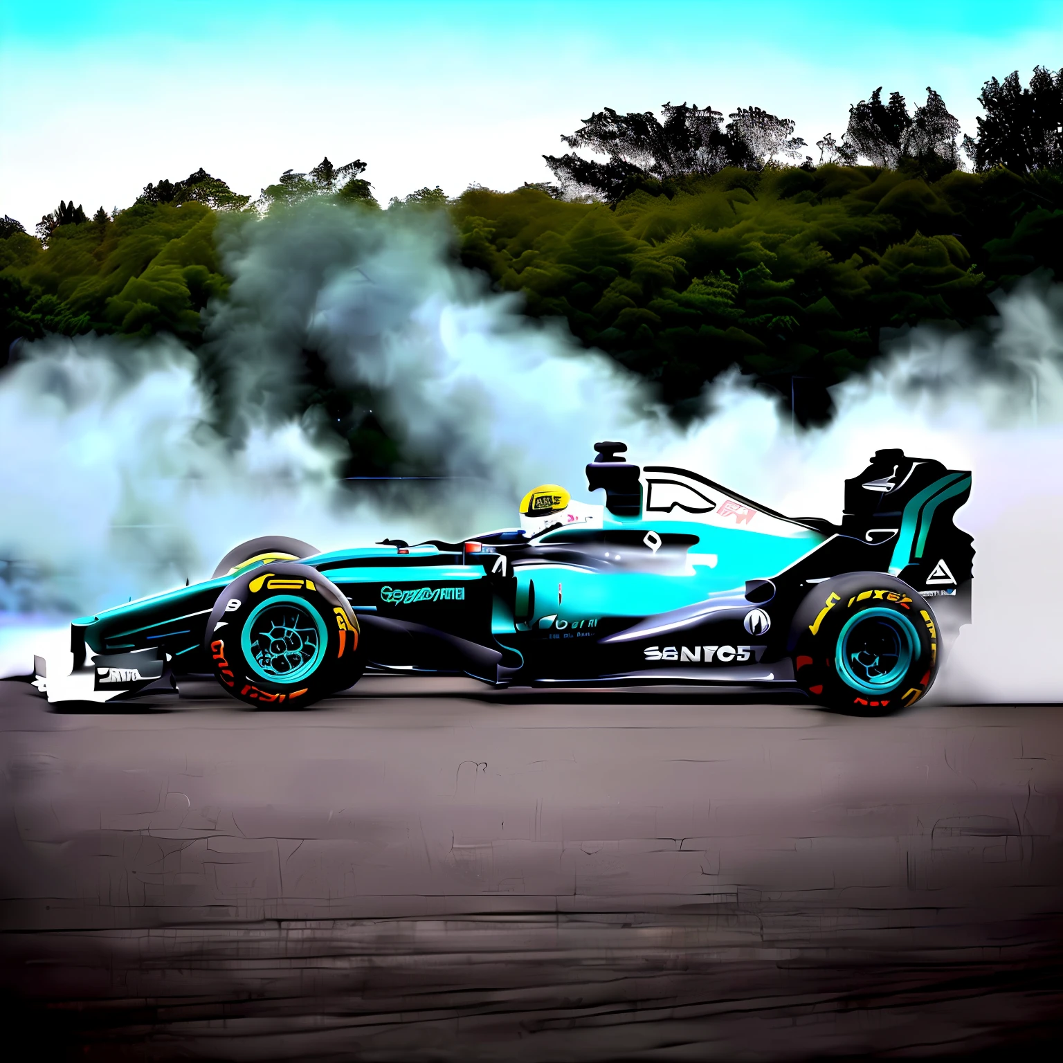 Arena,Close-up of the racing car, racer, black and cyan color scheme, formula one car, racer, f 1/4, outside,beautiful weather