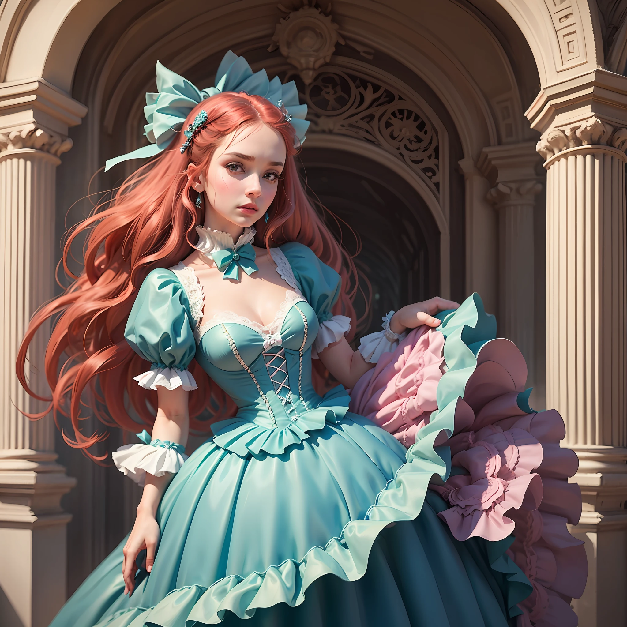 best quality, masterpiece, best definition, artwork, super detailed, many details, details, detailed, woman, 20 years, full body, full body, ball gown, super detailed dress, long dress, dress with many ruffles, dress with many bows, pink bows, victorian dress, detailed victorian dress, victorian dress with bows, pink, ruffles, many ruffles, very bulky dress, light blue dress, dress with ruffles, bows, many bows, woman, full body, red hair.