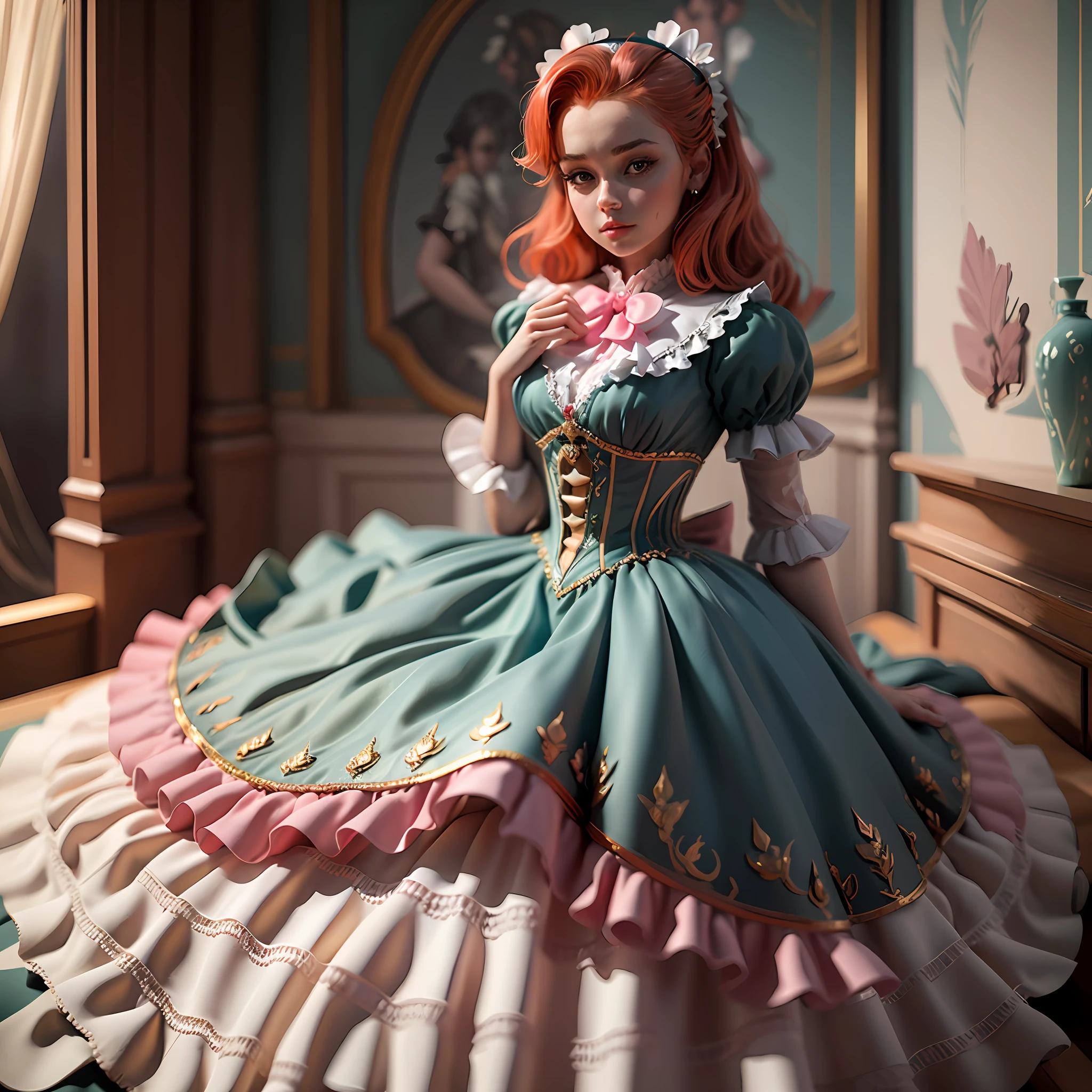 best quality, masterpiece, best definition, artwork, super detailed, many details, details, detailed, woman, 20 years, full body, full body, ball gown, super detailed dress, long dress, dress with many ruffles, dress with many bows, pink bows, victorian dress, detailed victorian dress, victorian dress with bows, pink, ruffles, many ruffles, very bulky dress, light blue dress, dress with ruffles, bows, many bows, woman, full body, red hair.