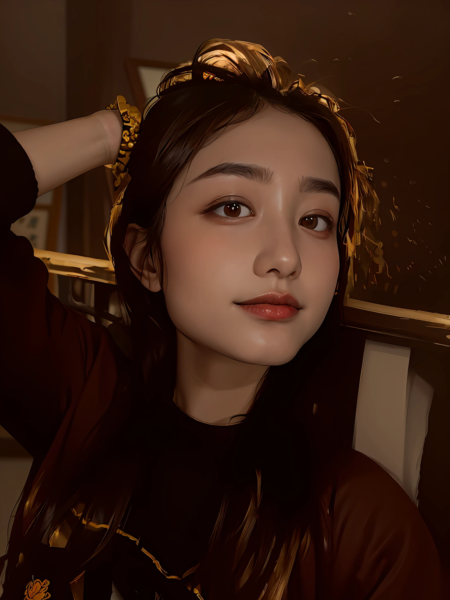 (petty eyes),(Small eyes for Korean women), A high resolution, Brown hair, Korean style, Small moles on the eyebrows, , In the office)