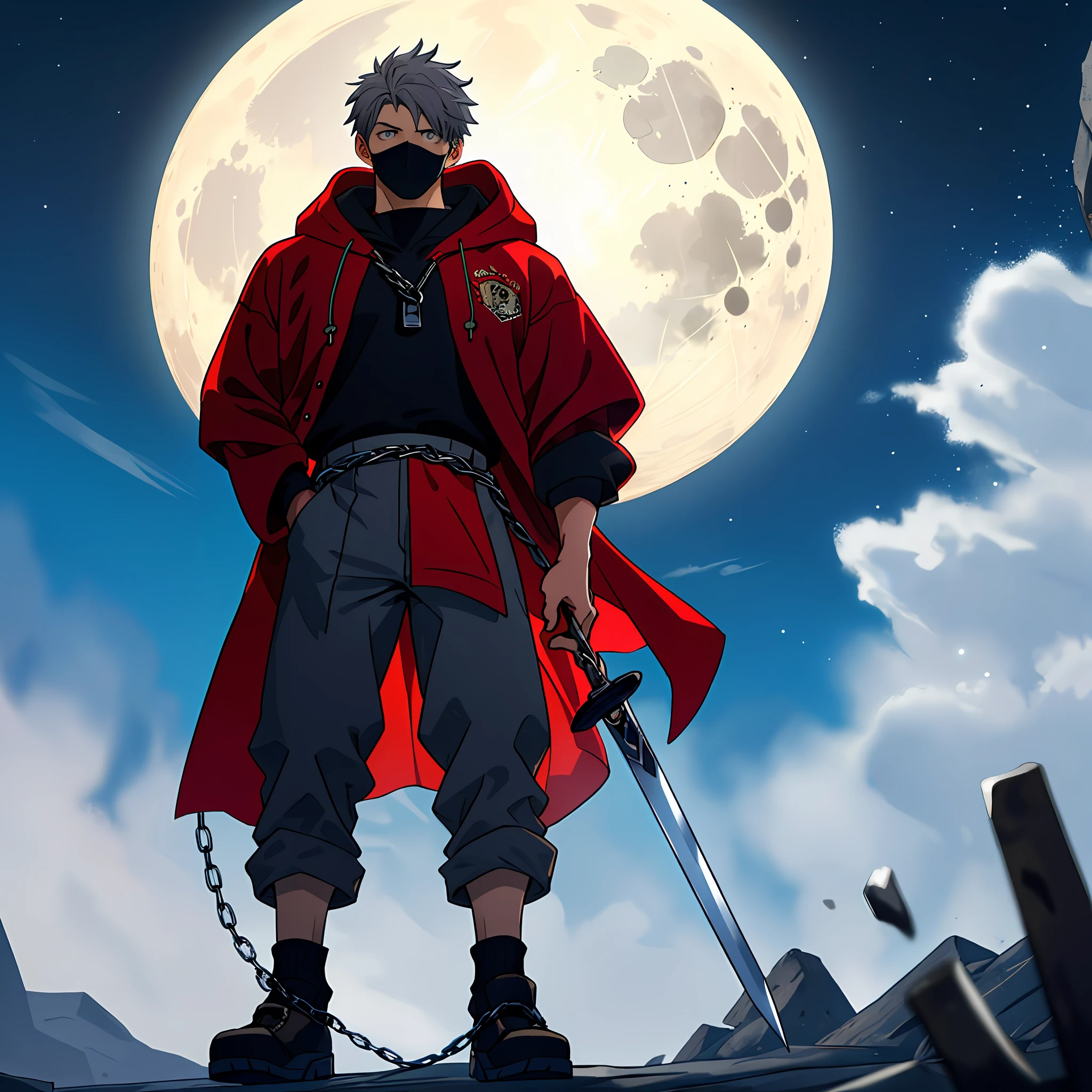 a Strong male,Thief costume,Delicate muscle lines,Bulge,There is the moon behind it,grey shirt,(Dark blue socks: 2.0),standing on your feet,Dark red robe,Cover half of your face,Hood,mask, grey pants,(Wearing a lot of chains: 1.8),expressiveless,Red sword,Gray hair,Look ahead,perfect eyes,Perfect work,Correct anatomy, light particules,