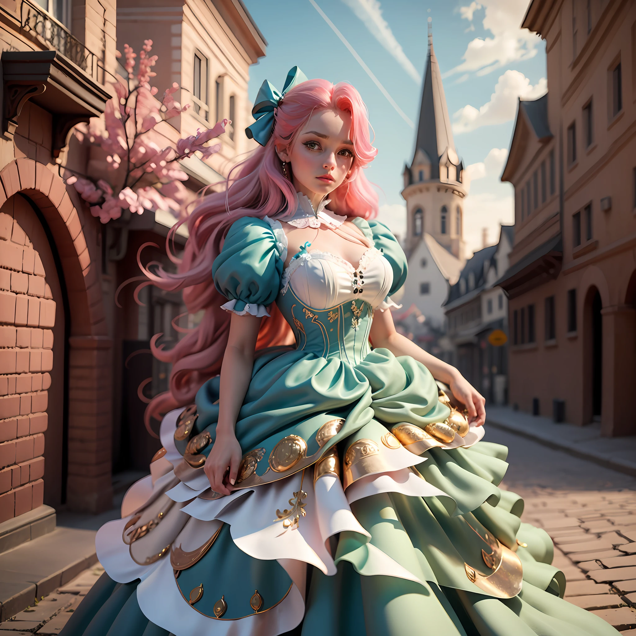 best quality, masterpiece, best definition, artwork, super detailed, many details, details, detailed, woman, 20 years, full body, full body, ball gown, super detailed dress, long dress, dress with many ruffles, dress with many bows, pink bows, victorian dress, detailed victorian dress, victorian dress with bows, pink, ruffles, many ruffles, very bulky dress, light blue dress, dress with ruffles, bows, many bows, woman, full body, red hair.