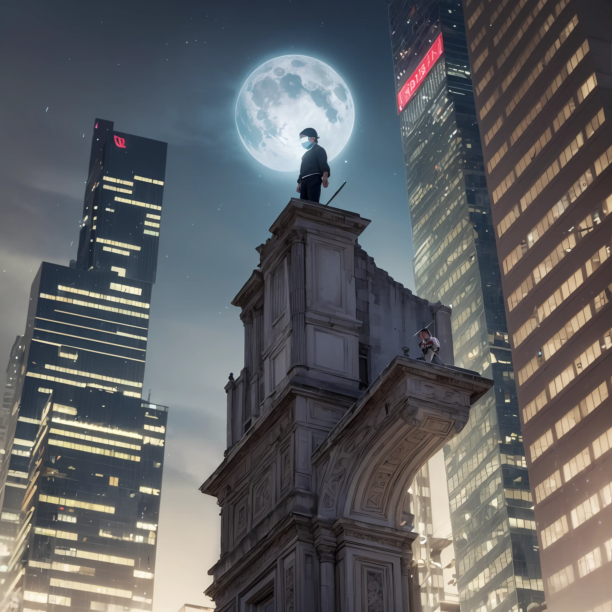 A boy stands on a high building's top, there are a lot of high buildings, their windows are glowing, the boy wears blacks and his eyes are light gray, he has blue hairs, wears mouth mask, he has a sword, its night --auto --s2