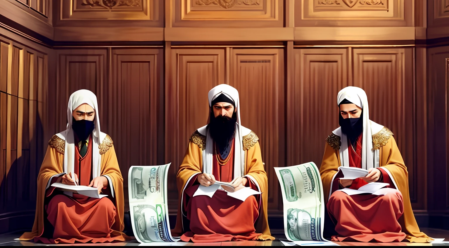 Three servants receive an amount of money, called talents, from their lord before they leave.