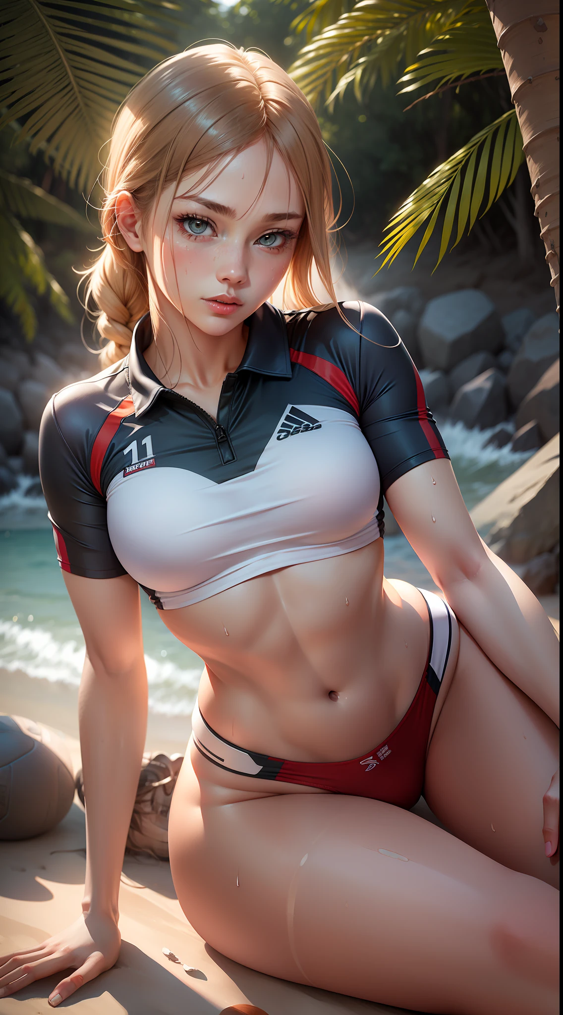 , 独奏, red polo shirt, White sneakers, Volleyball suit, redPanties, masterpiece, top-quality, realisitic, ultra-detailliert, (shinny skin, Sweating: 1.4), Ridiculous, looking at viewert, Long Blonde Hair、Blue eyes, slender, dynamic light and shadow, hight resolution, foco nítido, depth of fields, Narrow-eyed, Sharp pupils, Realistic pupils, (breasts are small: 1.6), (Thigh thickness: 1.0), Evening beach