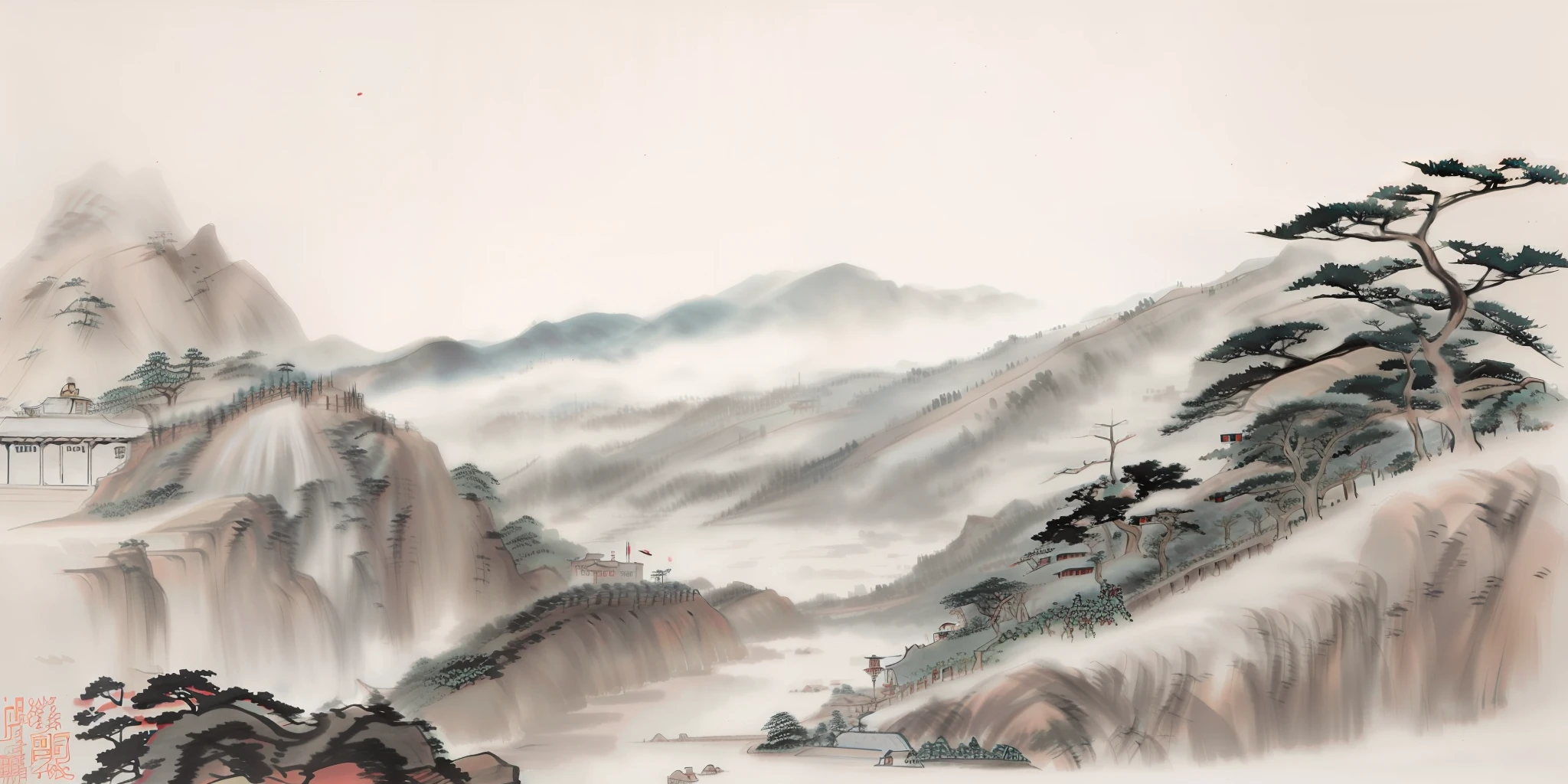 Mountainous landscapes painted with rivers and pagodas, artwork in the style of z.Show on the. gu, inspired by Dong Qichang, Chinese landscape, inspired by Huang Binhong, inspired by Zhang Shunzi, (Mist), inspired by Hu Jieqing, Traditional Chinese painting, Detailed scenery —width 672, style of guo hua