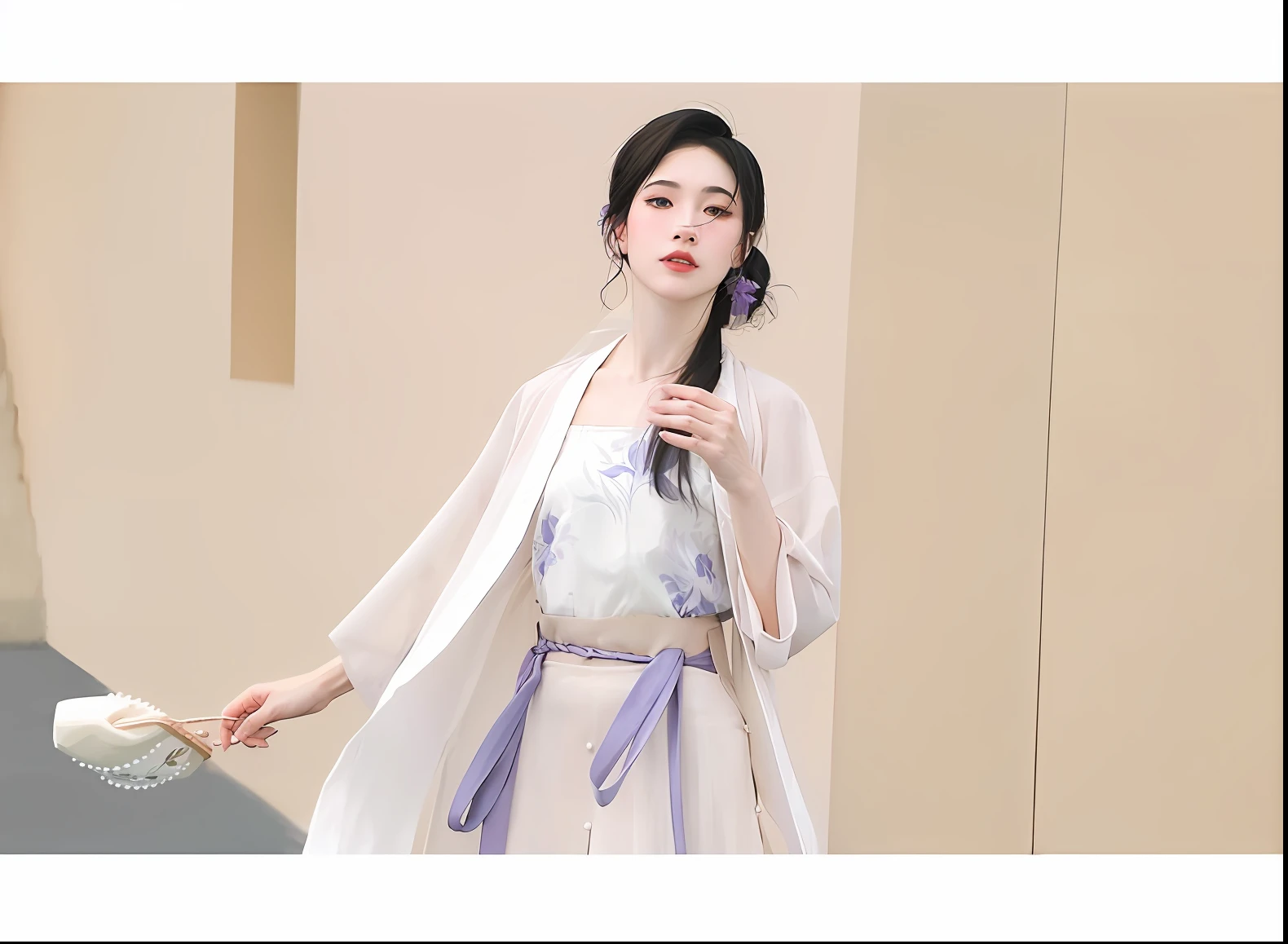 An Arapei woman in a white dress and purple belt holds a purse, pale and coloured kimono, White Hanfu, Hanfu, komono, Middle metaverse, with acient chinese clothes, long beautiful flowing kimono, komono, Japanese clothes, classy yukata clothing, in a kimono, Traditional Chinese clothing, classic kimono, sakimichan