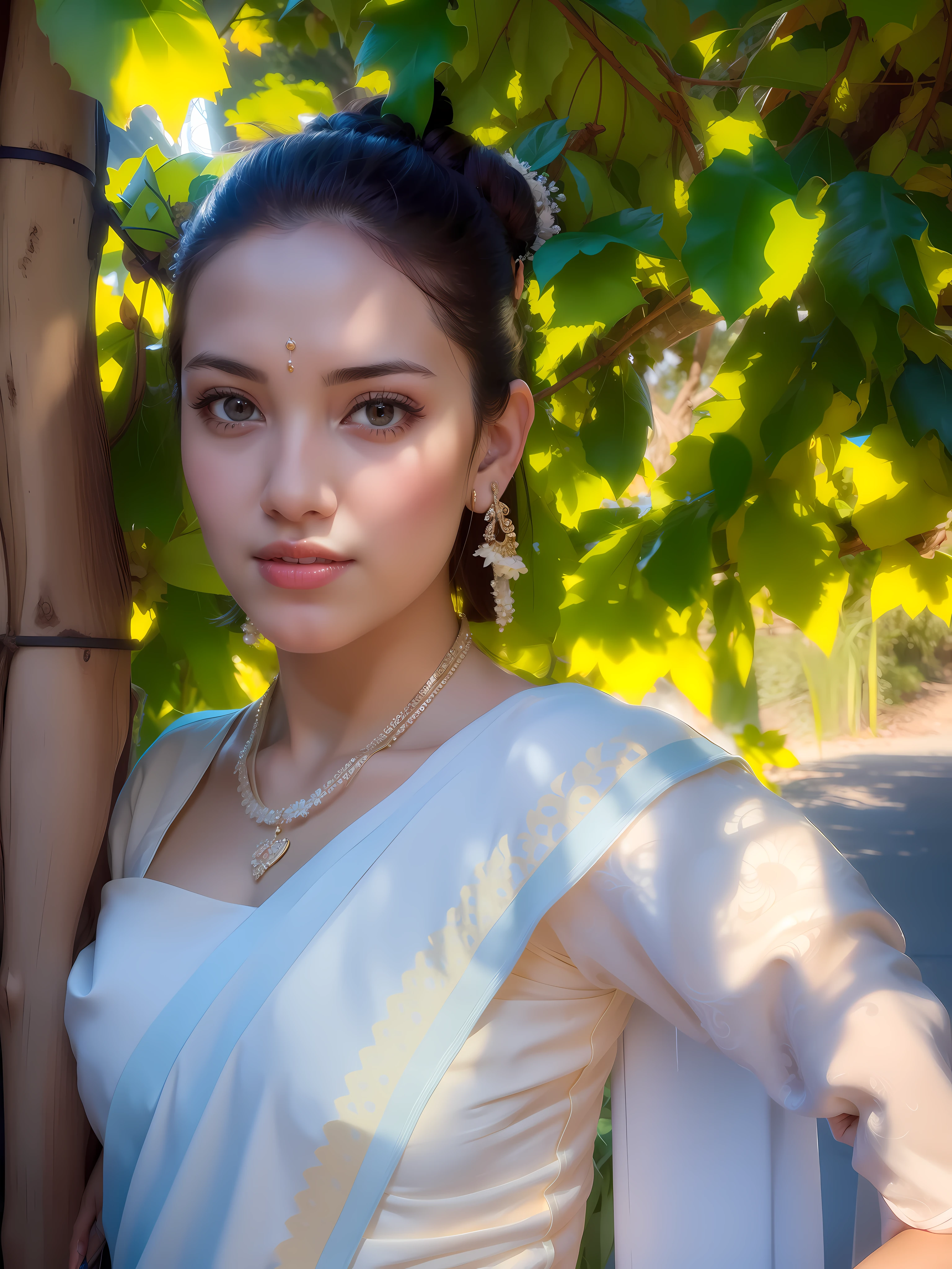 there is a woman in a white dress standing by a tree, wearing wedding saree, indian girl with white skin, a beautiful woman in white, traditional beauty, with brown skin, taken in the early 2020s, around 1 9 years old, a beautiful young woman, photo of young woman, light skinned Sri Lankan young girl, portait image, a stunning young ethereal figure