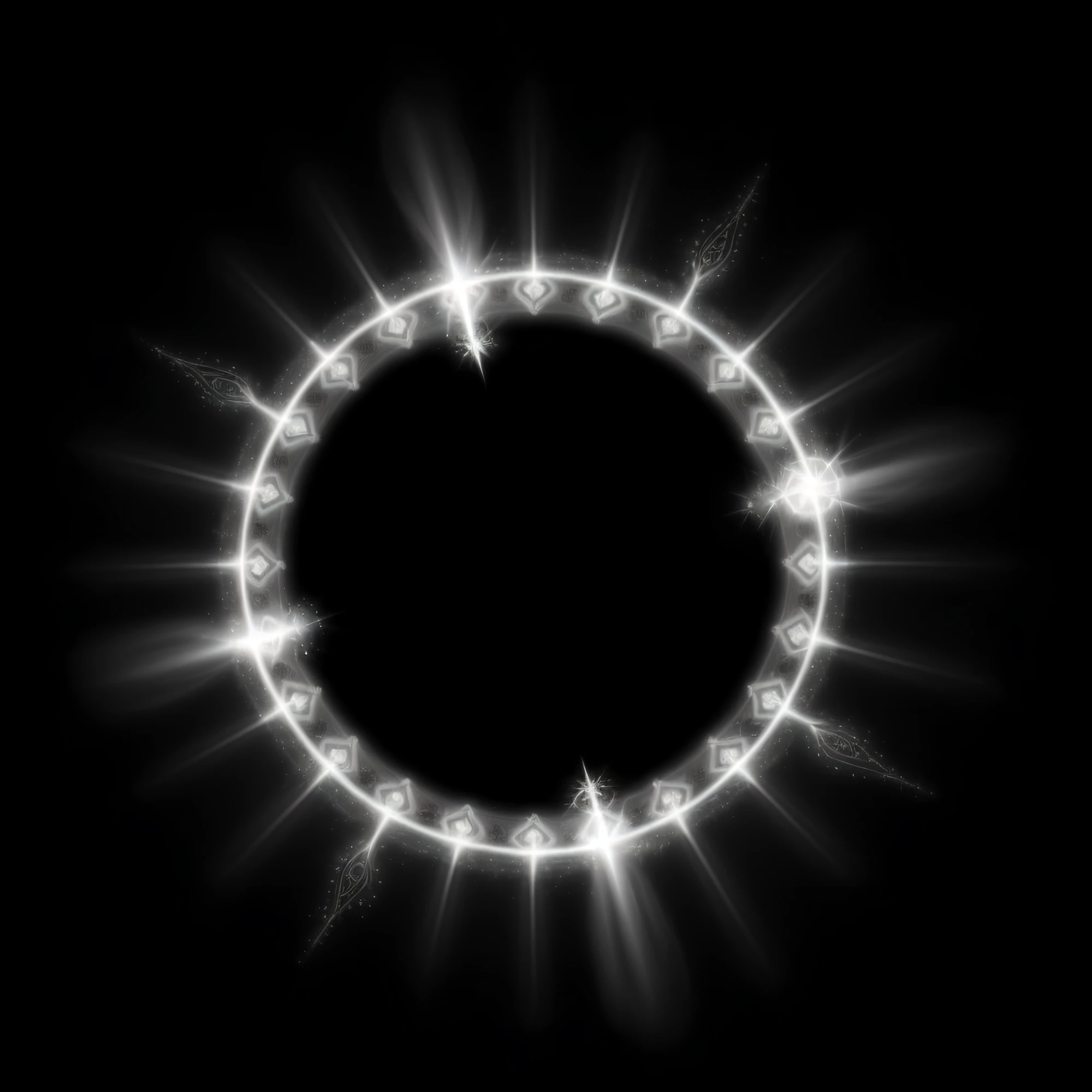Black and white photo of a circular frame with light, tiara crown (white lasers), crown of white lasers, Contour glowing lens flare, tiara crown (((white lasers))), luminous black hole portal, fractal burning halo, White halo, a glowing halo, ornamental halo, luminous halo, opening a shining portal, spirits coming out of portal, intricate ornament halo