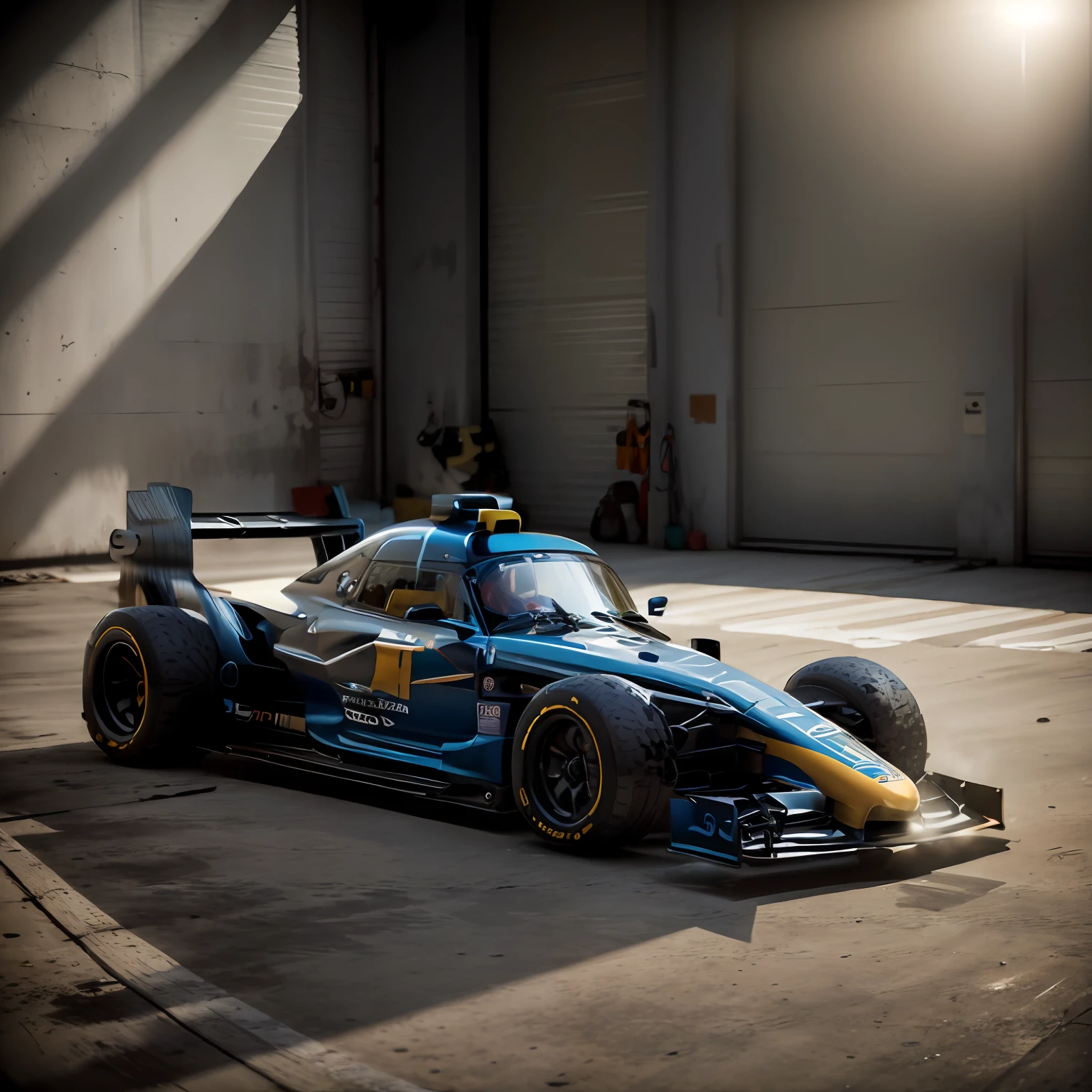 Close-up of toy racing car parked in garage, Close to the gate，Sunlight shone on the car from the gate，racer, formula one car, racer, f 1/4, f 1/3, F11:6, pod racer, Supergianthugebreasts, f 1, intricate detailed racing car, 1/400 shutter speed, speedster, full-shot,
