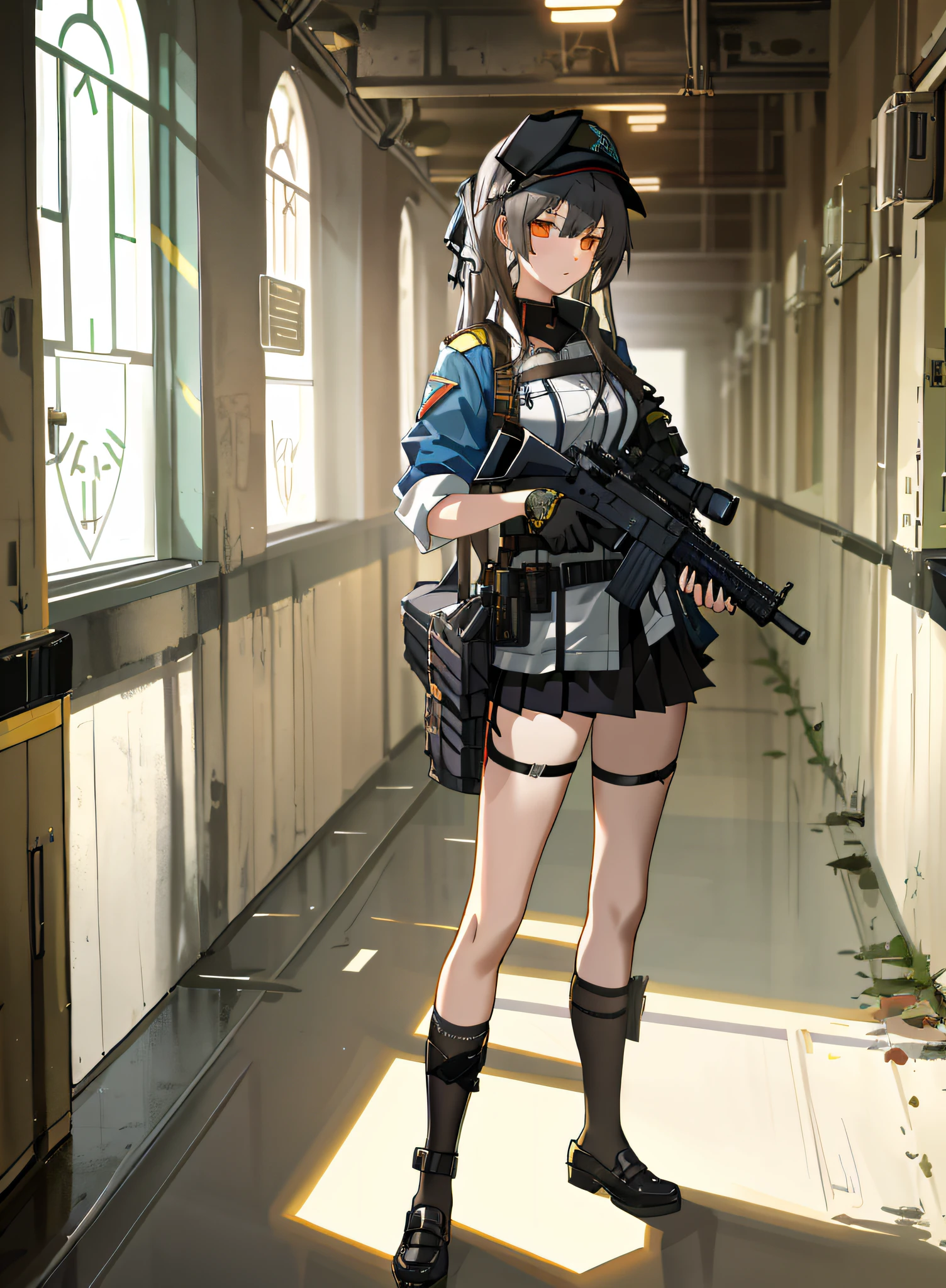 Anime girl lighter in hallway, Girl front, lightly dressed girl, from girls frontline, girl in black panties, girls frontline style, Gvarz at Pisif Art Station, Fine details. Girl front