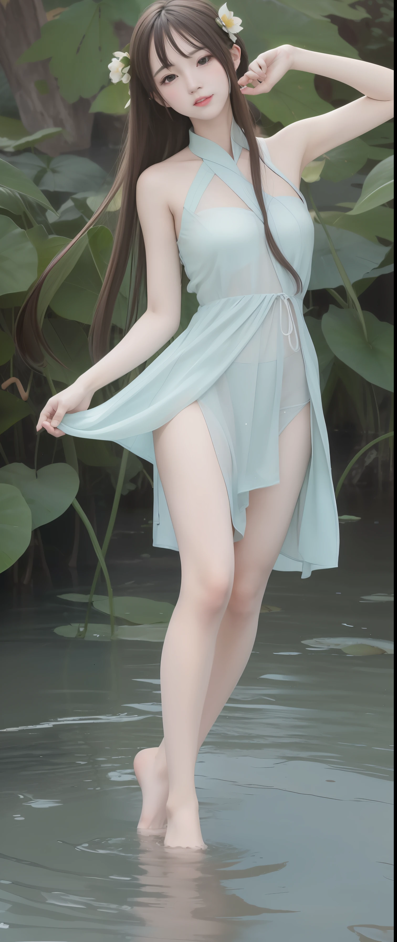 ((4k,masterpiece,best quality)), shuimobysim, Traditional chinese painting, lotuses, Hanfu, maxiskit, Dress conservatively 1girl, solo, blue long hair, ssmile, standing on your feet, Feet in the water, The barefoot,Frontal whole body