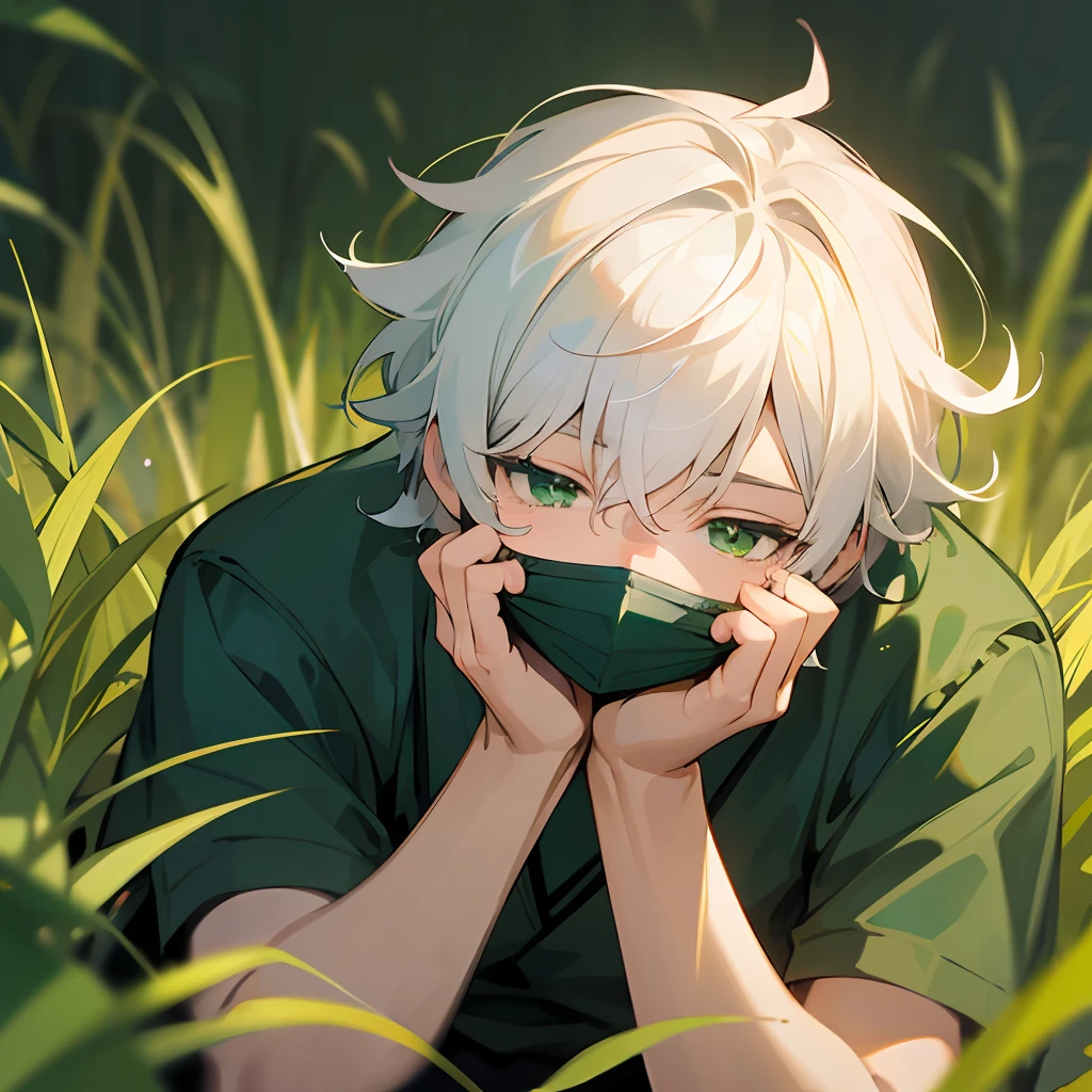 Anime man sitting on the grasses, open air, green light eyes , white hairs, sleepy boy, the man wears mouth mask, he looks bored ,there are green grasses --auto --s2