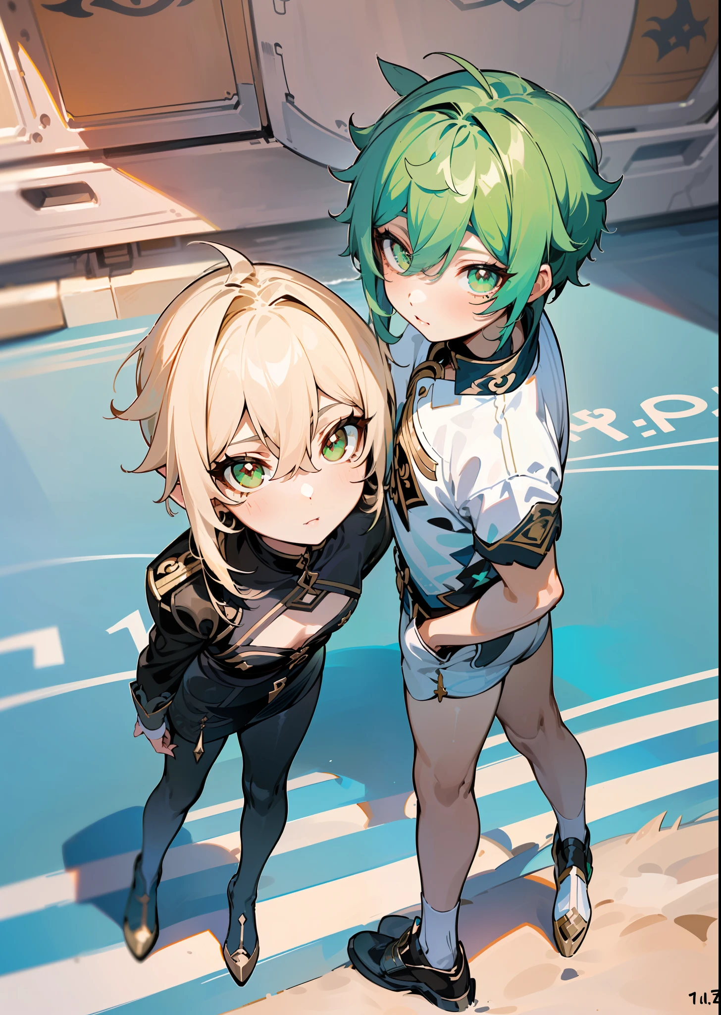Side ponytail, ((Nahida \ (Genshin Impact\))), multicolored hair, (hair between the eyes)), gray hair, green hair, green eyes, ((flat chest)), (photorealistic: 1.4), (masterpiece: 1.4), (best quality: 1.4), 1 girl, ultra high resolution, (((detailed facial features)), (((full body)), small hands, Kpop idol, egyosar,, ( ulzzang-6500-v1.10.66),((Cruciform pupil)),When you look at the viewer,((Pointed ears)),(Sunlight),(Beach: 1.31)(Wed: 1.41),Standing on one leg,From the side,(((Flat chest)),Plane of symmetry,Between legs