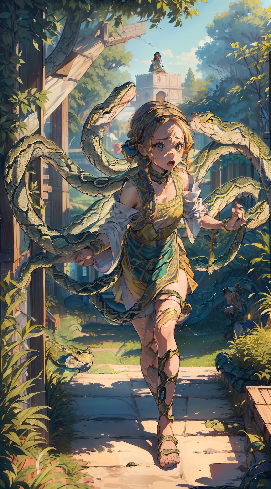 (masterpiece:1.3)、(top-quality)、(in 8K,4K),(Intricate details)、reallistic、(1girl in:1.8)、独奏、((snake charmer:1.8))、(Giant cobra from the basket:1.3)、White turban、((A large snake pounces:1.2))、((The girl freaks out and runs away:1.5))、(wearing a Sari:1.4)、recorder