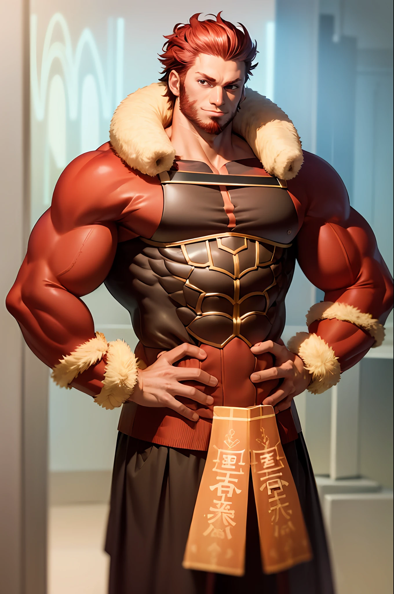 （tmasterpiece，best qualtiy：1.2），独奏，malefocus，1boy，Iskandar，Mature male，big muscular male，Large muscles，looking at viewert，both hands on hip，Red panties，Thick thighs，skin detailed，