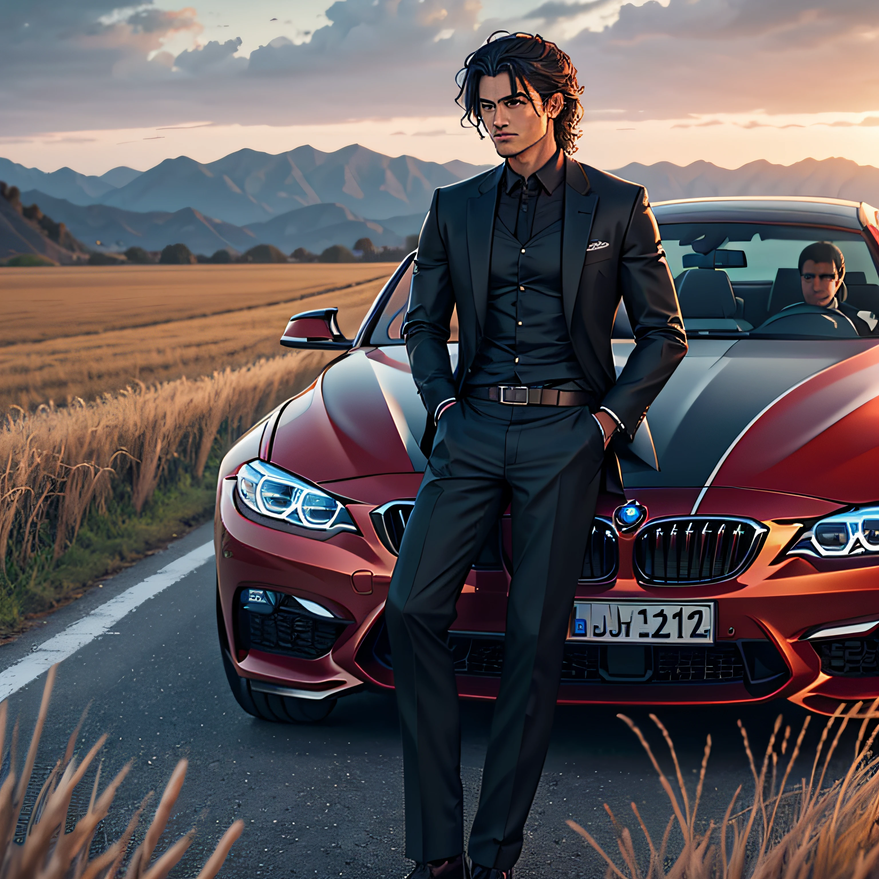 Rolling wheat waves,cabelos preto e longos,Scholarly swordsman,Red BMW,Slowly stretch out into the distance,Handsome and cold face --auto
