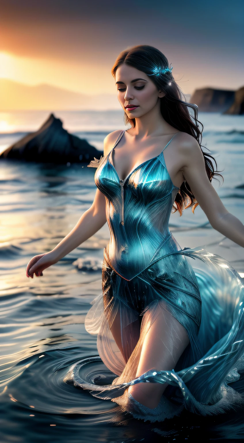 (Masterpiece, Top Quality, Best, Official Art, Beautiful and Aesthetic, Long Exposure: 1.2), Smooth Movement, Fascinating Patterns, 1 Girl, European  Woman, Freckles, Blue Eyes, Black Lob Hair, Solo , upper body, gaze at observer, detailed background, detailed face, (crystallineAI, crystalline theme:1.1), elemental water sprite, spinning water, controlling water, fantasy magician clothes, dynamic pose, small breasts, floating particles, ethereal dynamics, water , steam, ocean in the background, pink tones, coast, ethereal atmosphere, rgb, led