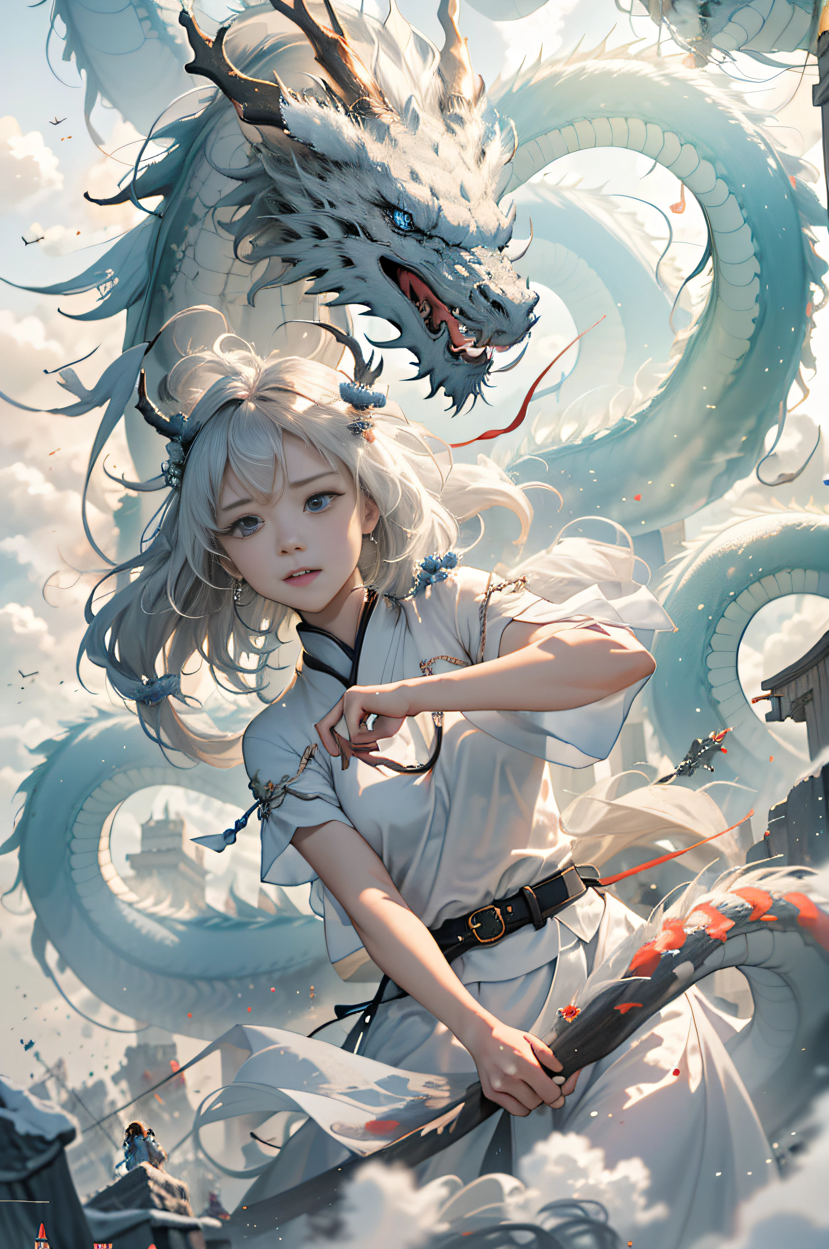 Dynamic Lighting, Art Station, Poster, Volume Lighting, Very Detailed Faces, 4k Wallpaper, Award-Winning 1 Brunette Girl, Long Flowing Hair, Ponytail, Fringed Hair Ornament, Dynamic Perspective, White Hanfu, White Gauze Flying, Red Belt, Sexy, Traditional Chinese Ink Painting, Surrounded by Clouds and Mist, Mist, Riding a White Dragon Dragon, Stroking the Dragon Head, White Dragon Horns, Dynamic Perspective, Movie Lighting,