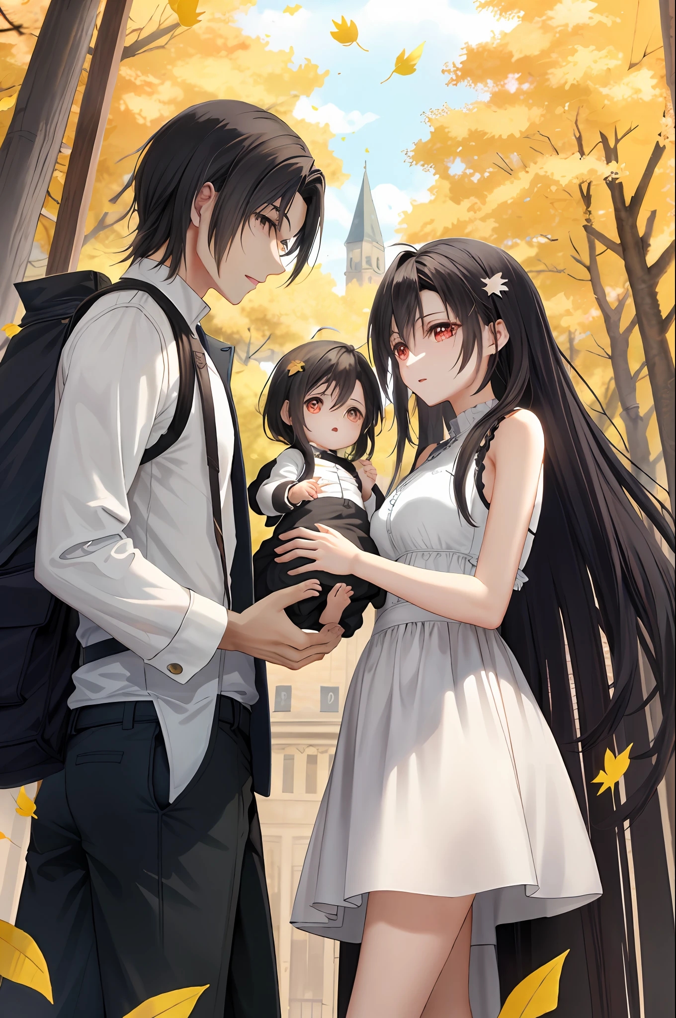 Half-body diagram，tmasterpiece，high high quality，Couple holding baby，Falling leaves，Long hair falling down，