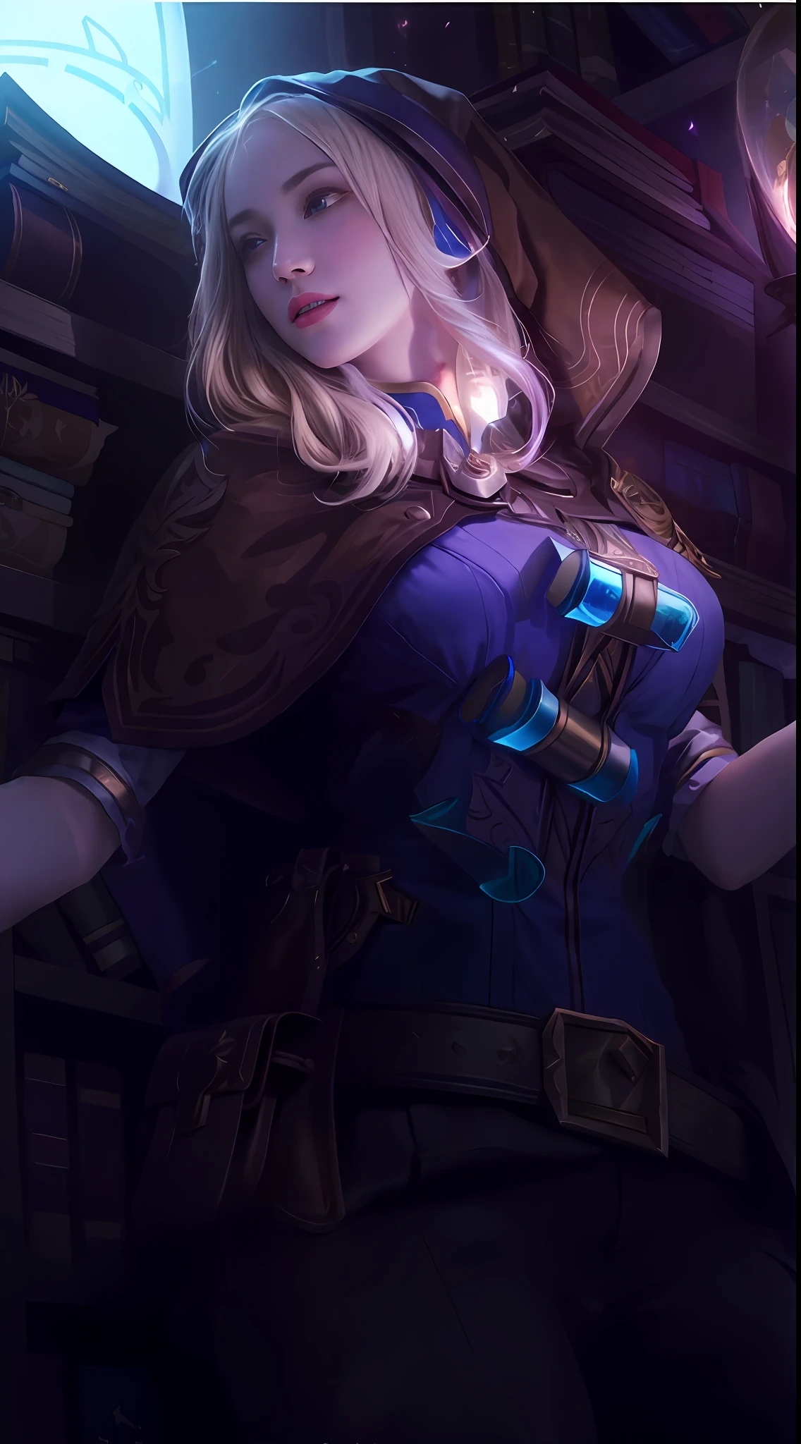 A close-up of a woman holding a glowing lamp in her hand, Extremely detailed Artgerm, artgerm detailed, Ashe, Jaina Proudmoore, Art germ. High detail, Style Artgerm, artgerm portrait, IG model | Art germ, graphic artist artgerm, Artgerm Plat, character splash art，Blue test tube on chest，Golden hair，Next to the bookshelf