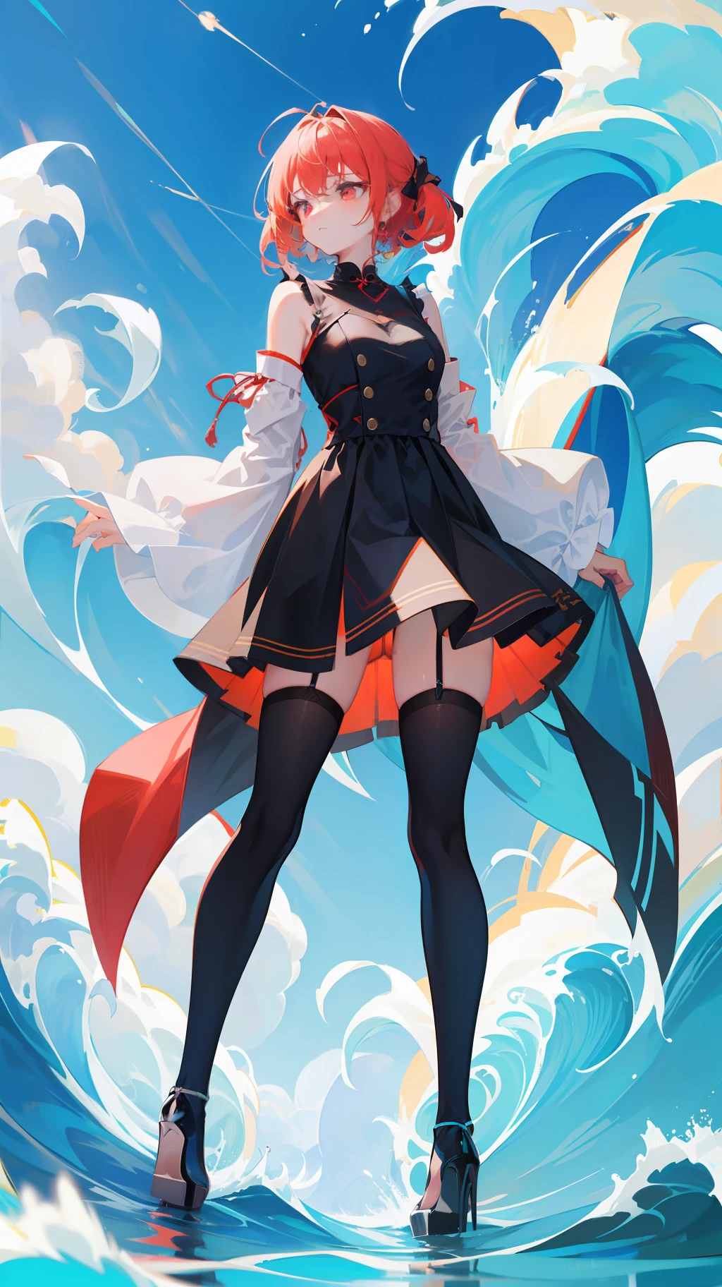 Big blue waves,red color eyes,Red slim cheongsam,black lence stockings,black heels,S-shaped standing position